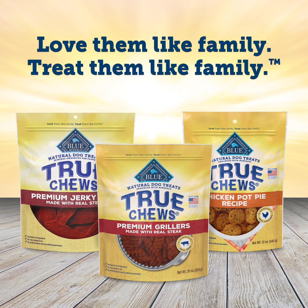 Blue Buffalo True Chews Premium Grillers steak bag being opened for quick rewards.