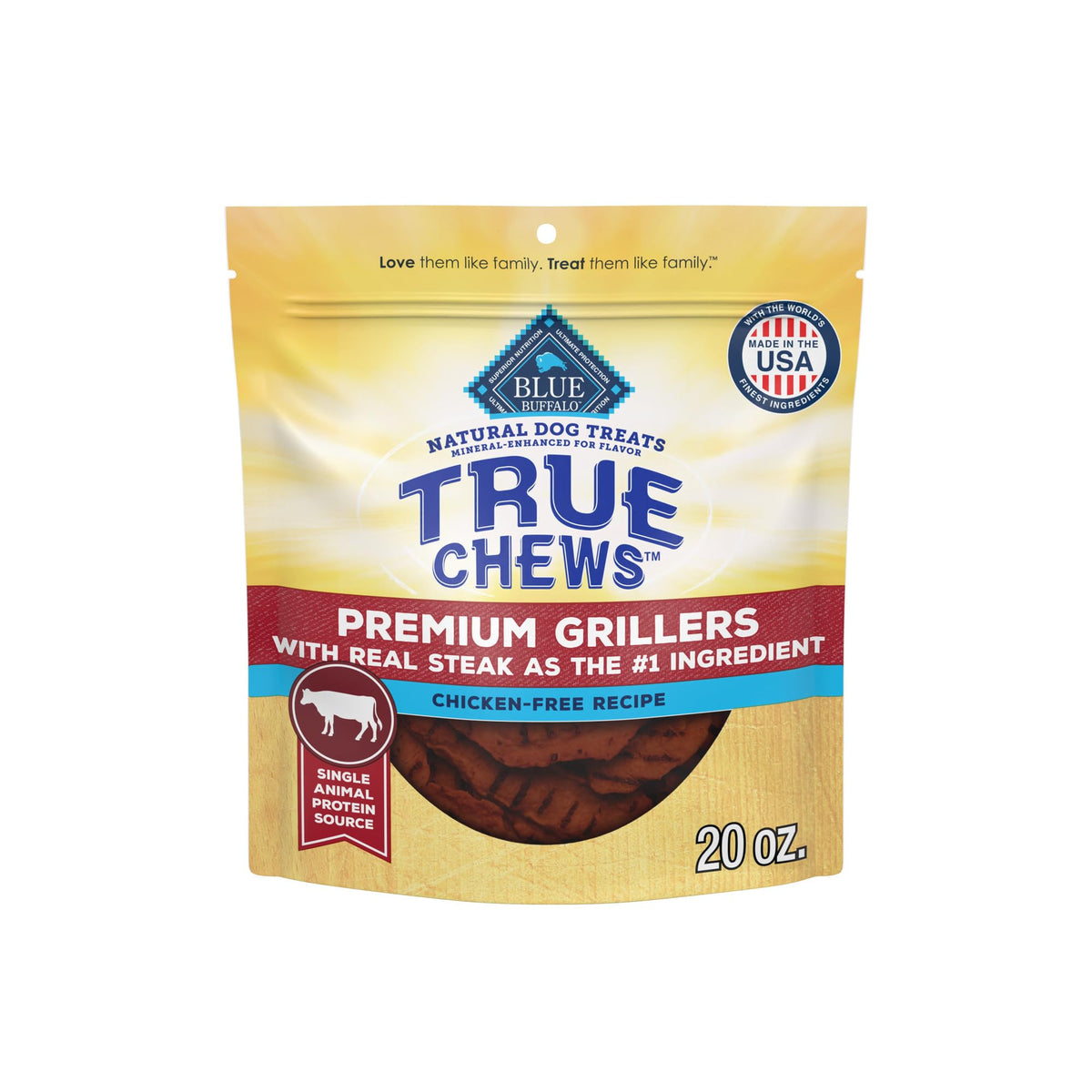 Blue Buffalo True Chews Premium Grillers steak bag closeup highlighting real beef aroma for training rewards.