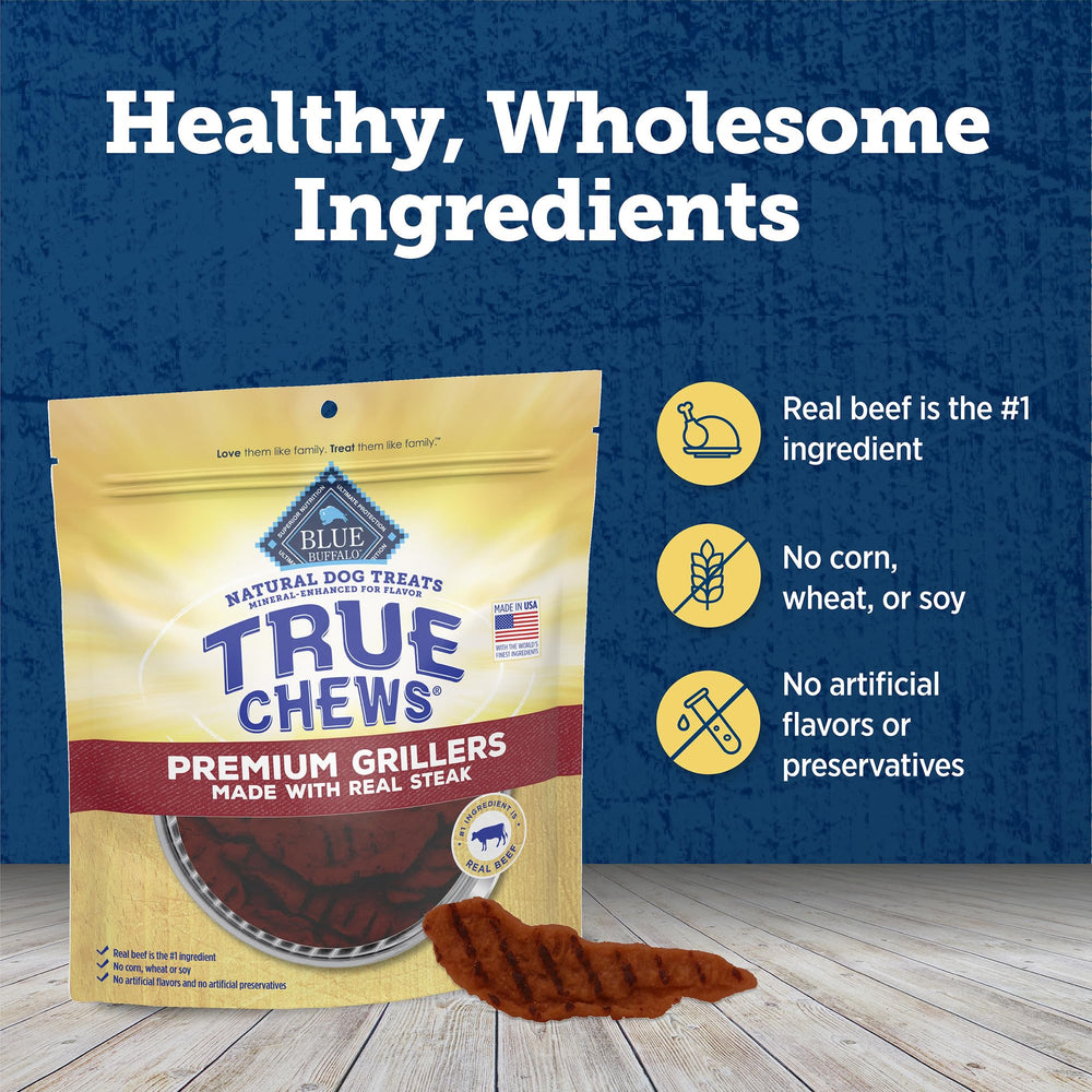 Blue Buffalo True Chews Premium Grillers steak with real beef first, no by-products.