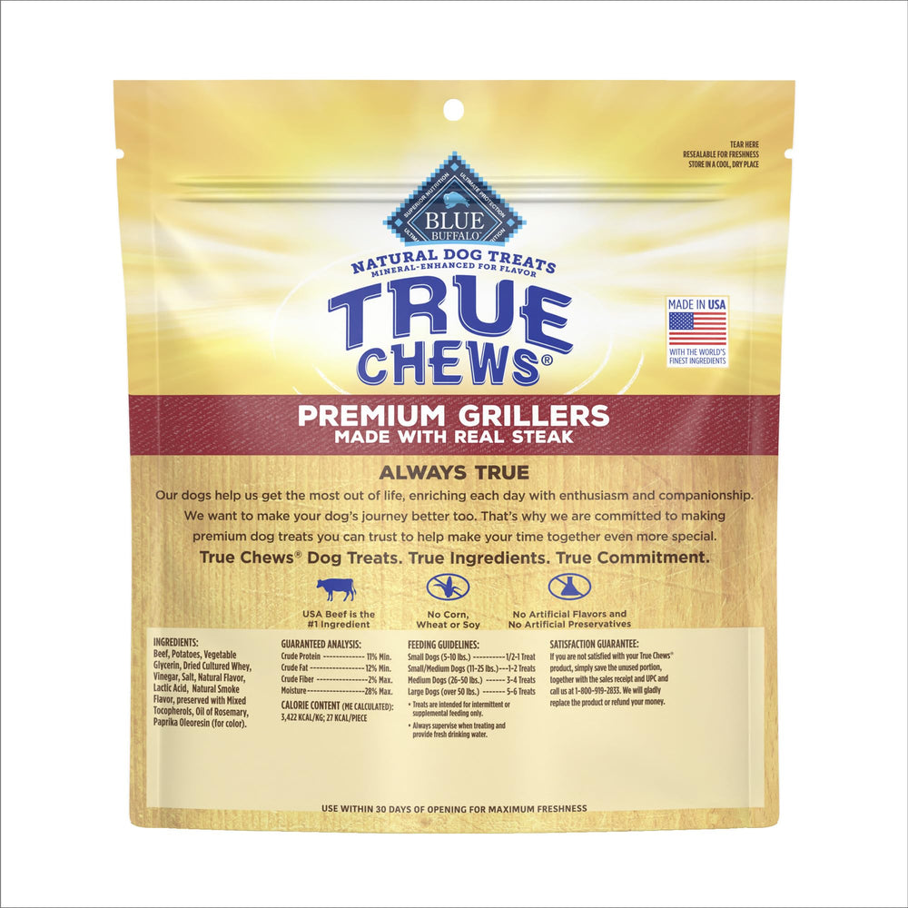 Blue Buffalo True Chews Premium Grillers steak tender pieces ready to tear for all dog sizes.