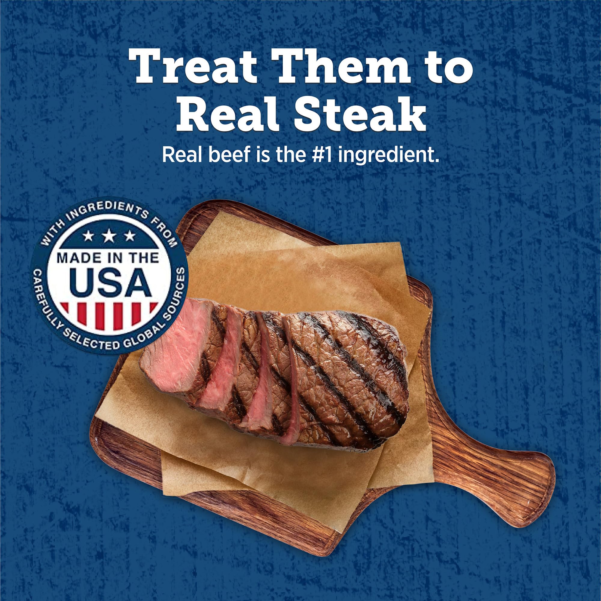 Blue Buffalo True Chews Premium Grillers steak packaging shows USA-made promises for quality treats.