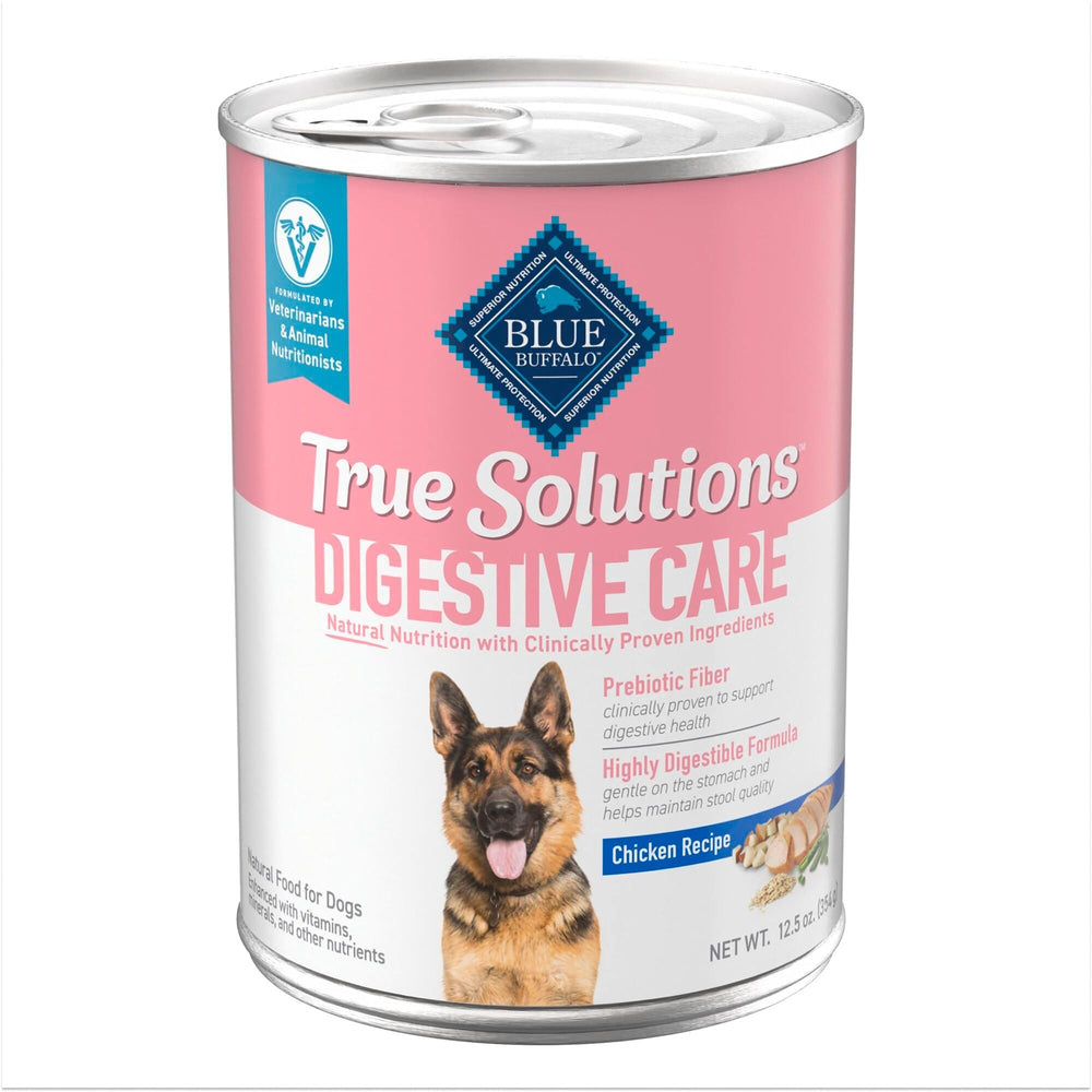 Blue Buffalo True Solutions Blissful Belly wet dog food can packshot, showcasing real chicken for gentle digestion.