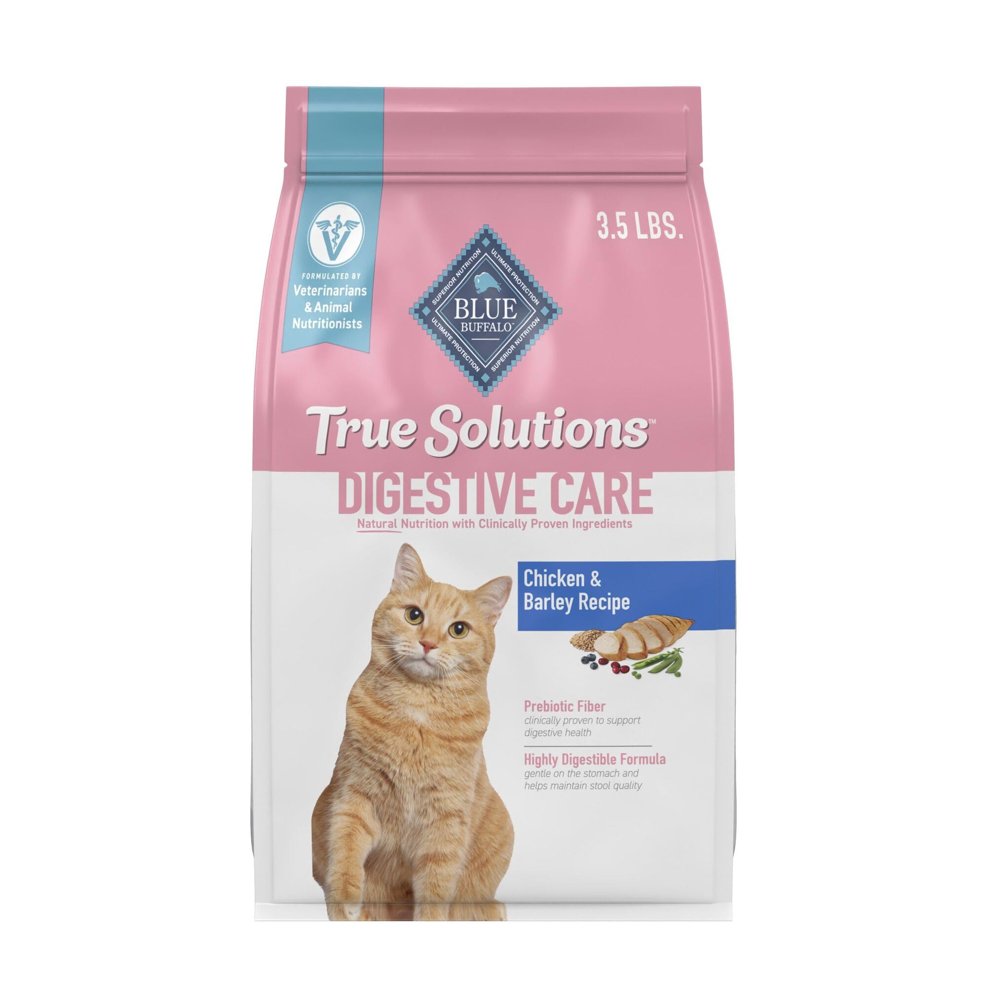 Blue Buffalo True Solutions digestive care bag front shows real chicken first ingredient.