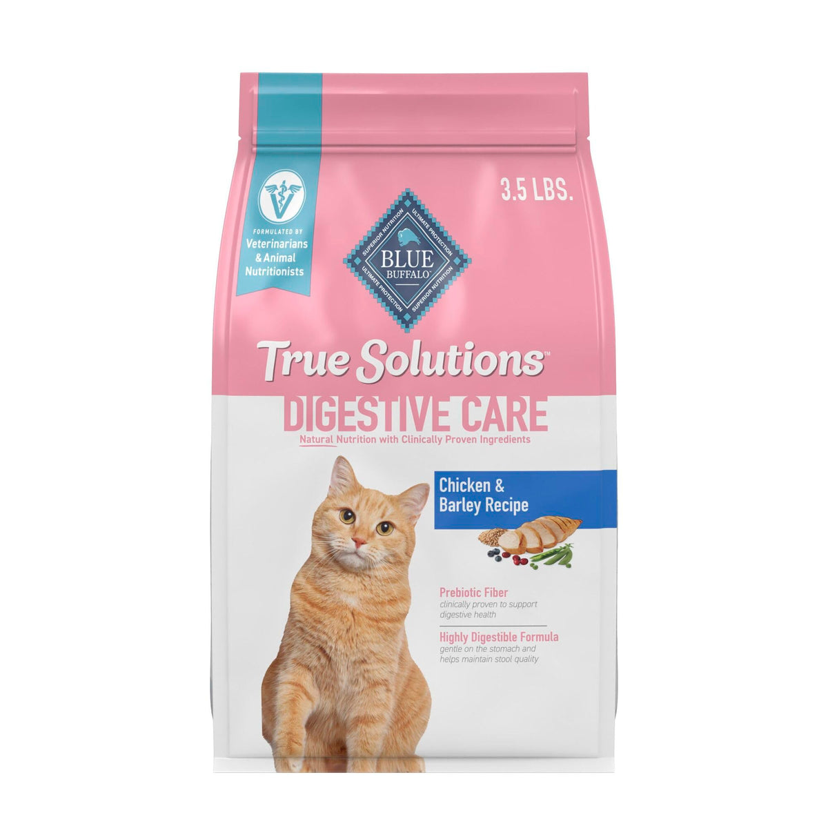 Blue Buffalo True Solutions digestive care bag front shows real chicken first ingredient.