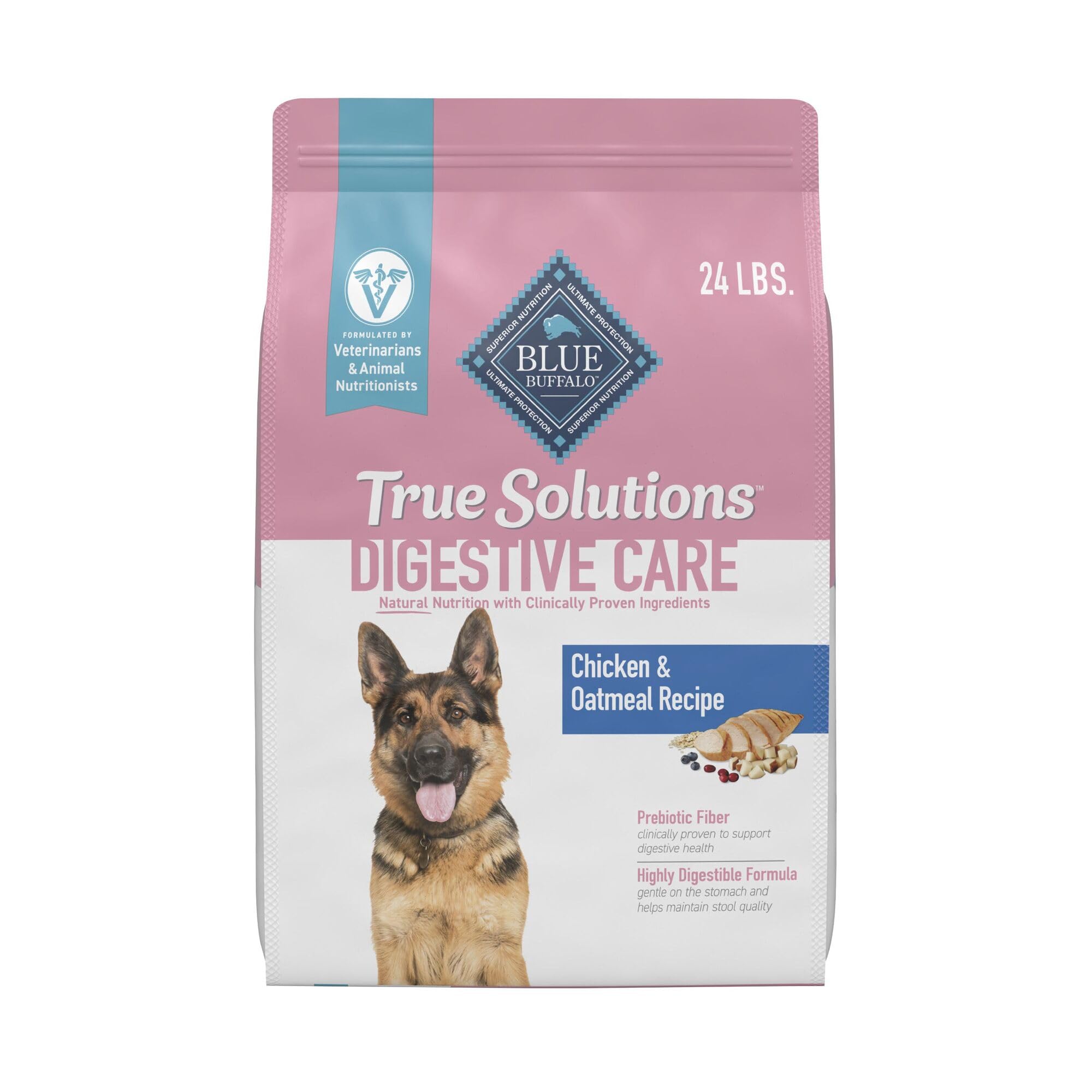Blue Buffalo True Solutions digestive care bag highlighting real chicken first ingredient.