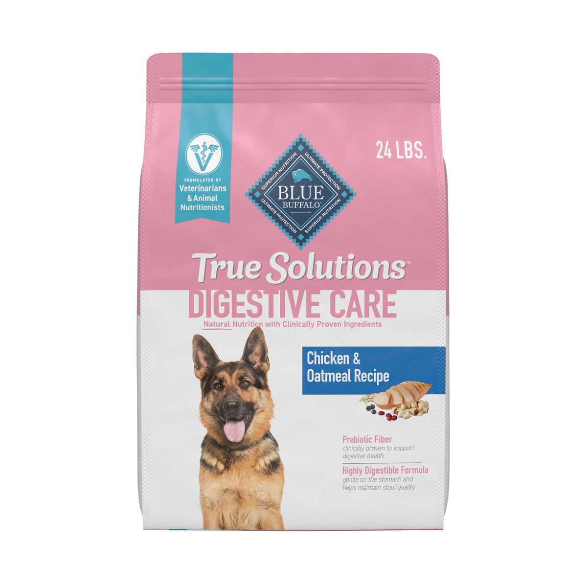 Blue Buffalo True Solutions digestive care bag highlighting real chicken first ingredient.