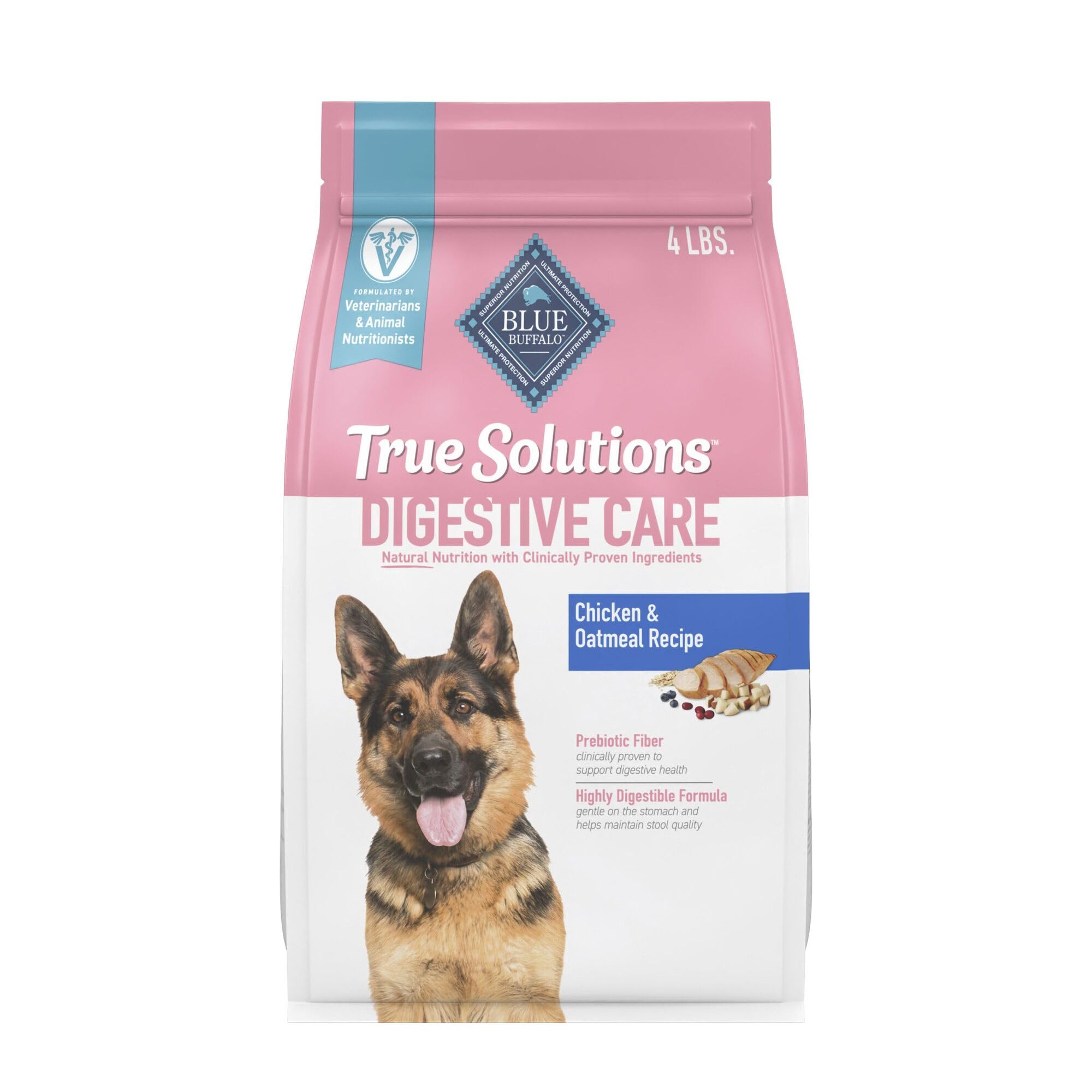 Blue Buffalo True Solutions Digestive Care bag with real chicken first ingredient shown