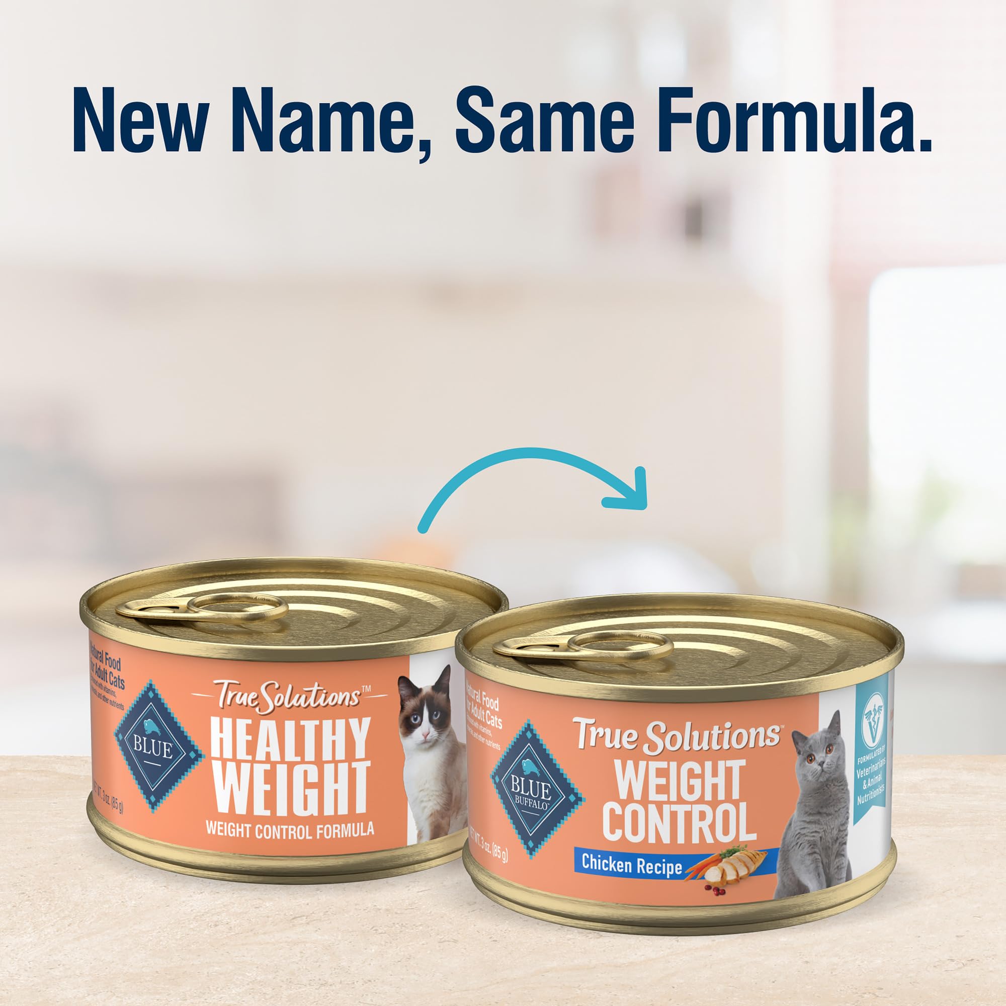 Blue Buffalo True Solutions can close-up showing L-Carnitine and fiber for fullness.