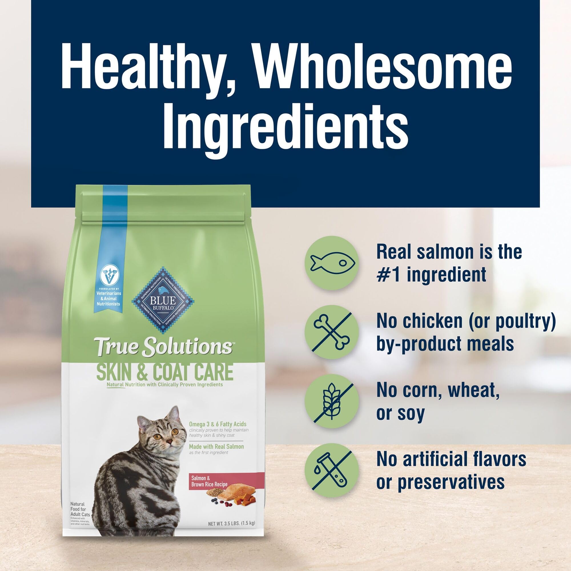 Corn, wheat, and soy-free Blue Buffalo True Solutions dry cat food.