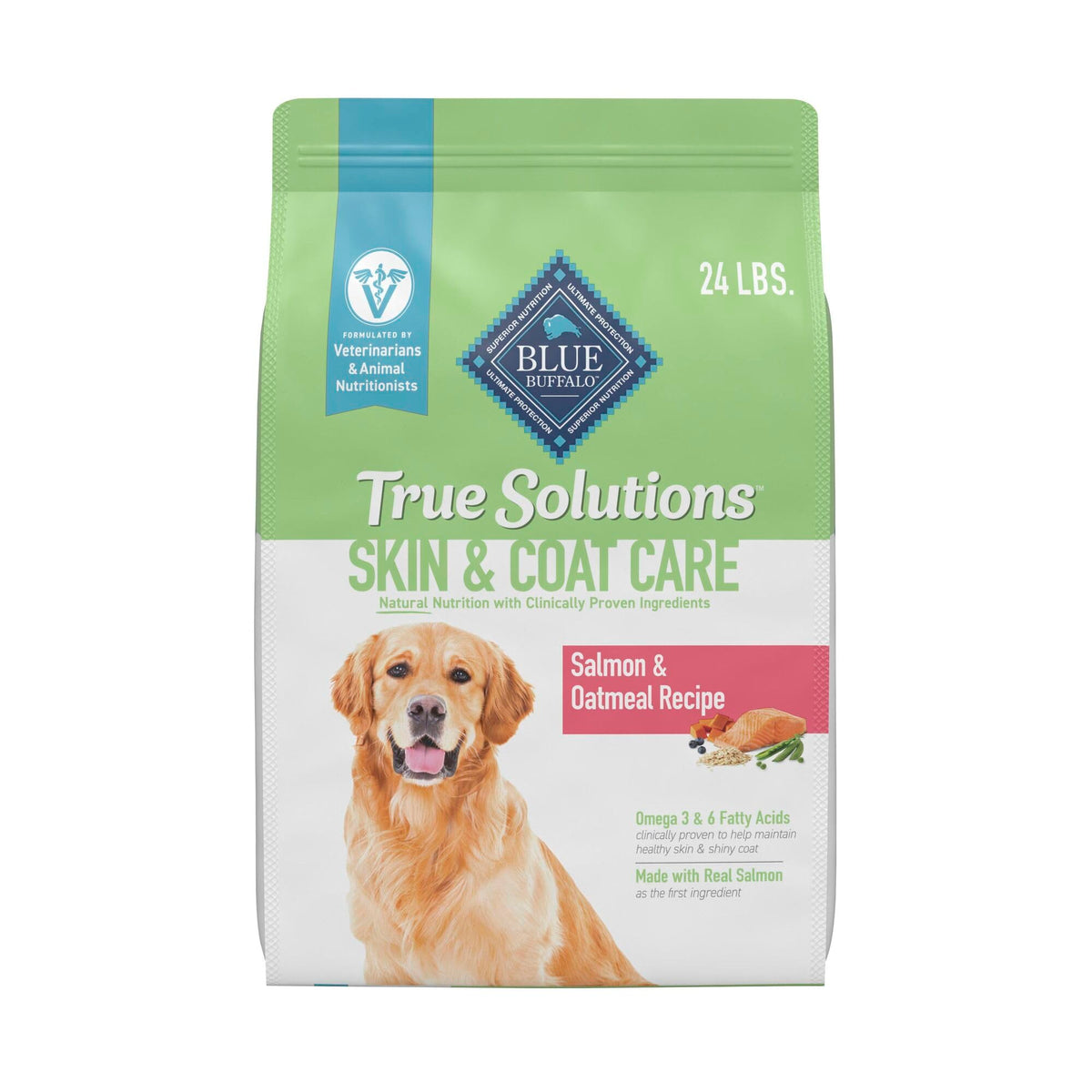Blue Buffalo True Solutions Skin Coat Salmon 24-lb bag supports healthy coat.