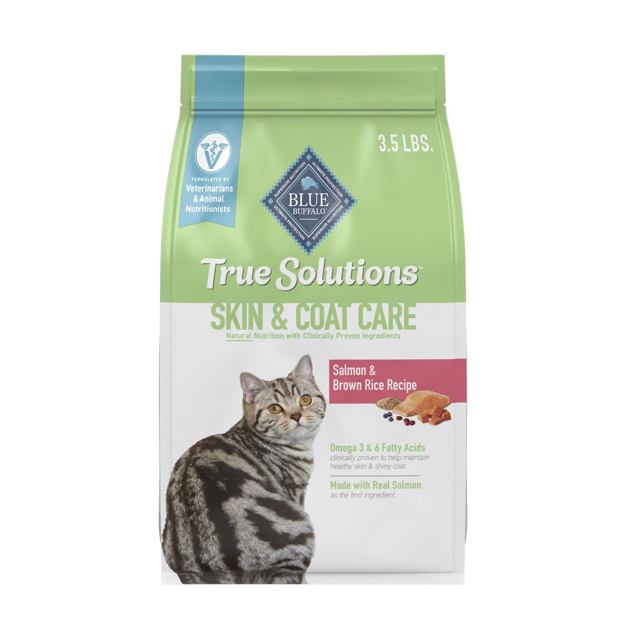 Blue Buffalo True Solutions salmon dry cat food bag shows real salmon as primary ingredient for coat health.