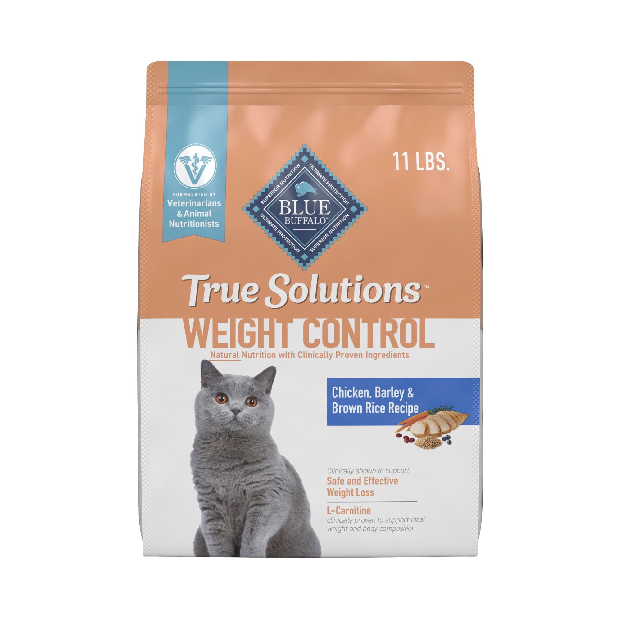 Blue Buffalo True Solutions weight-control bag front highlights real chicken first for protein-rich nutrition.