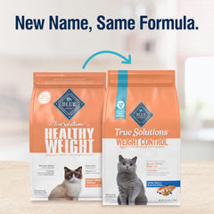 Blue Buffalo True Solutions weight-control bag side panel notes L-Carnitine support for healthy body composition.