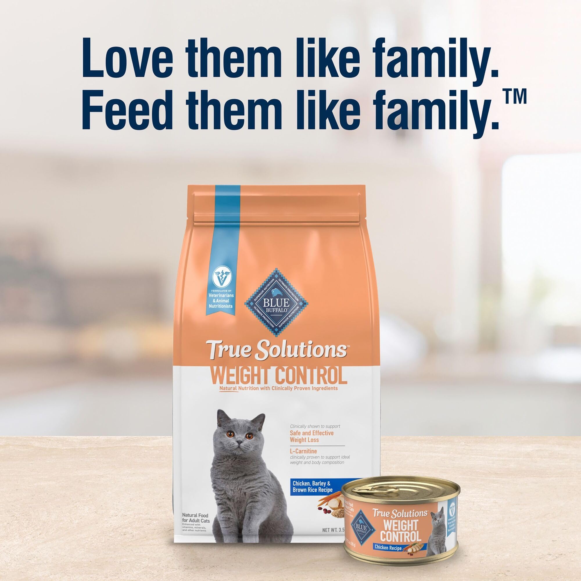 Blue Buffalo True Solutions weight-control served-cat-bowl scene suggests everyday feeding scenarios.