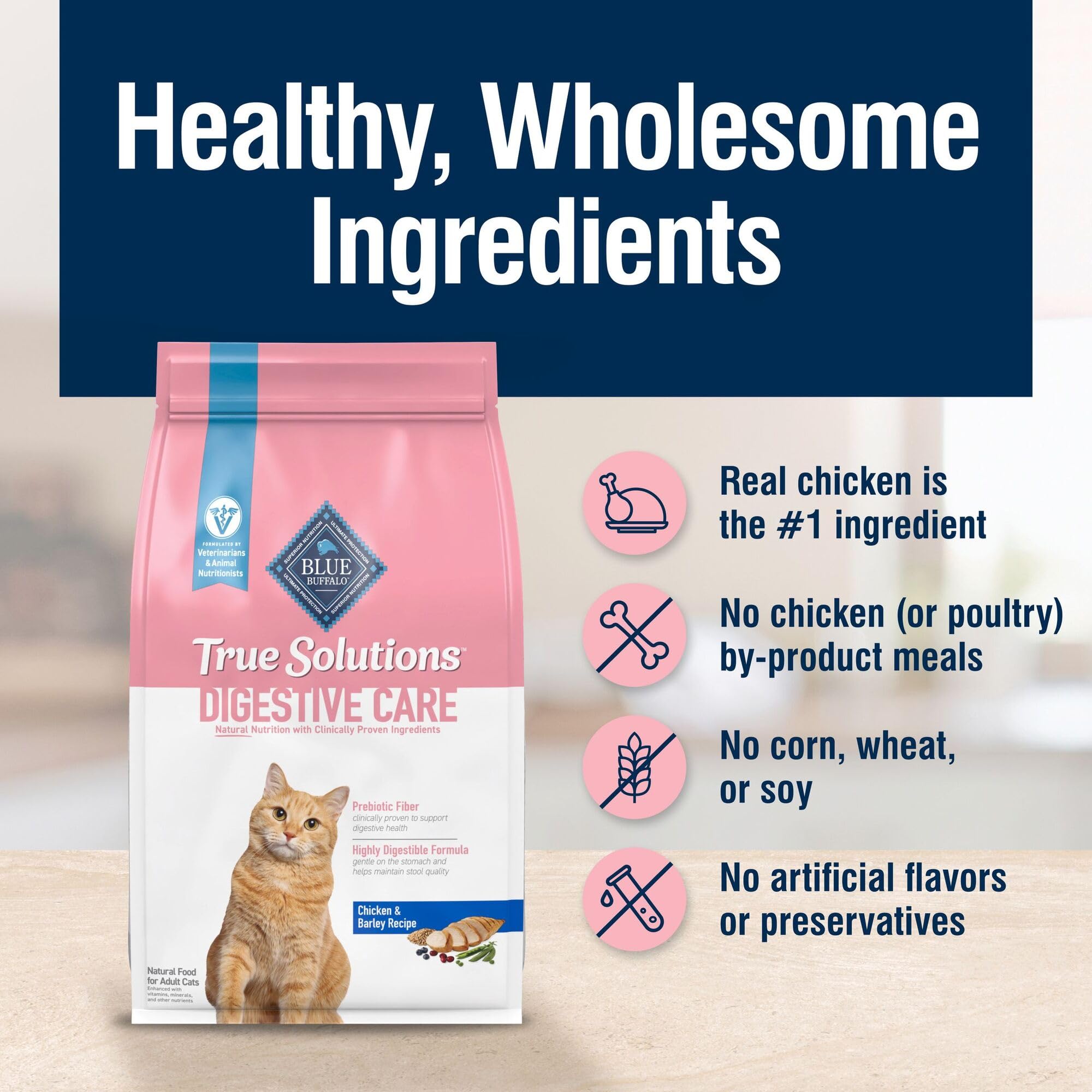 Blue Buffalo True Solutions packaging mentions veterinarian and nutritionist formulation.