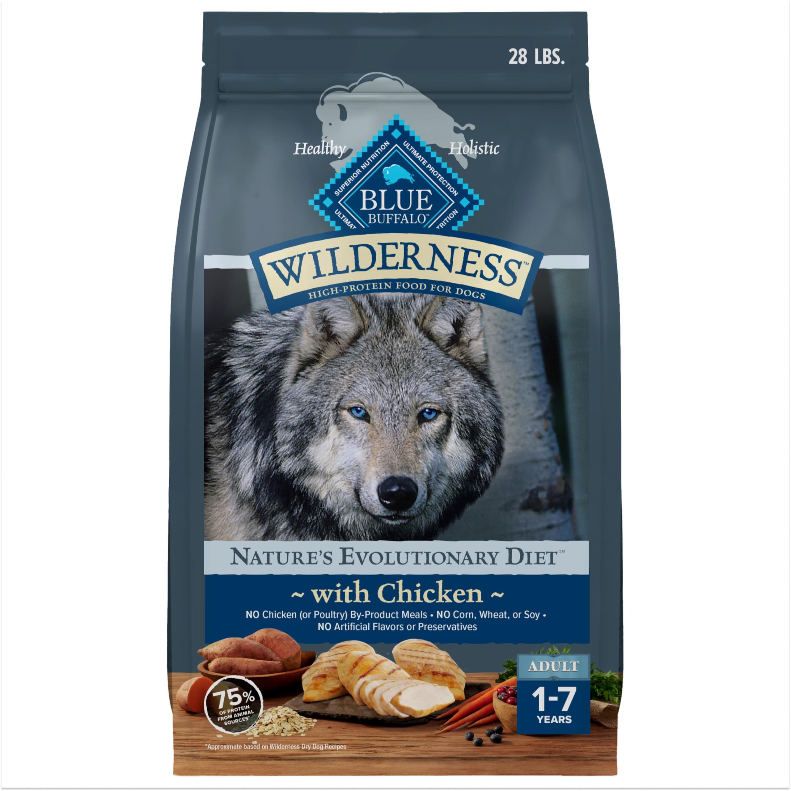 Blue Buffalo Wilderness dry dog food with real chicken first ingredient for adults