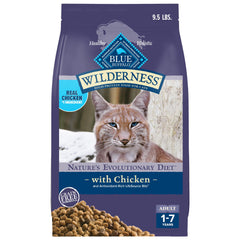 Blue Buffalo Wilderness chicken recipe bag (9.5 lb) with real chicken for an active adult cat.
