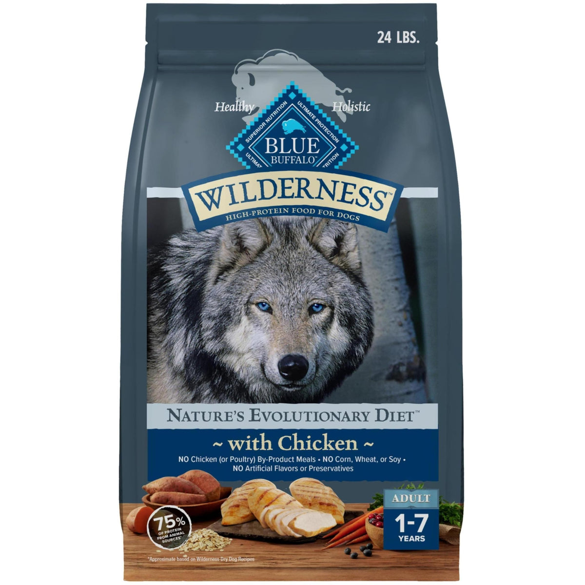 Blue Buffalo Wilderness chicken recipe bag front highlights real protein for adult dogs