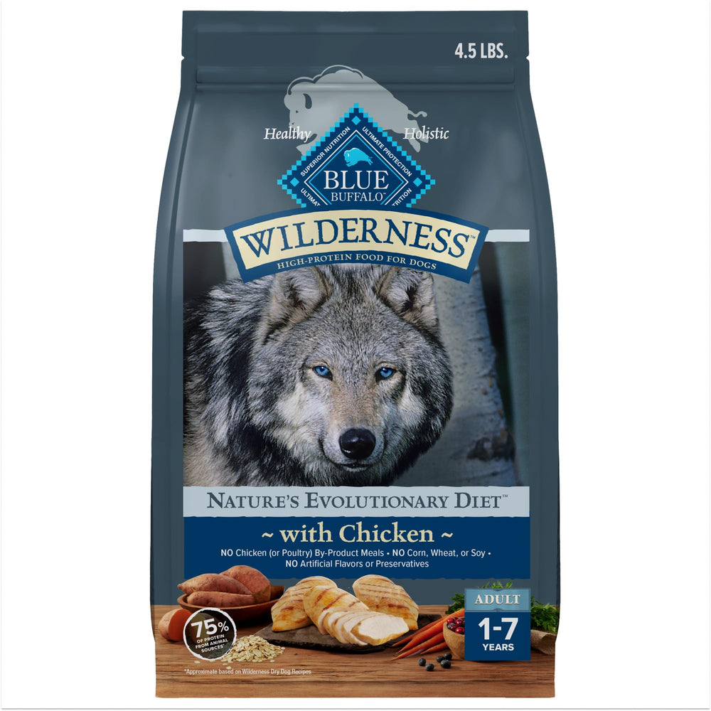 Blue Buffalo Wilderness chicken recipe bag front shows real chicken first ingredient.