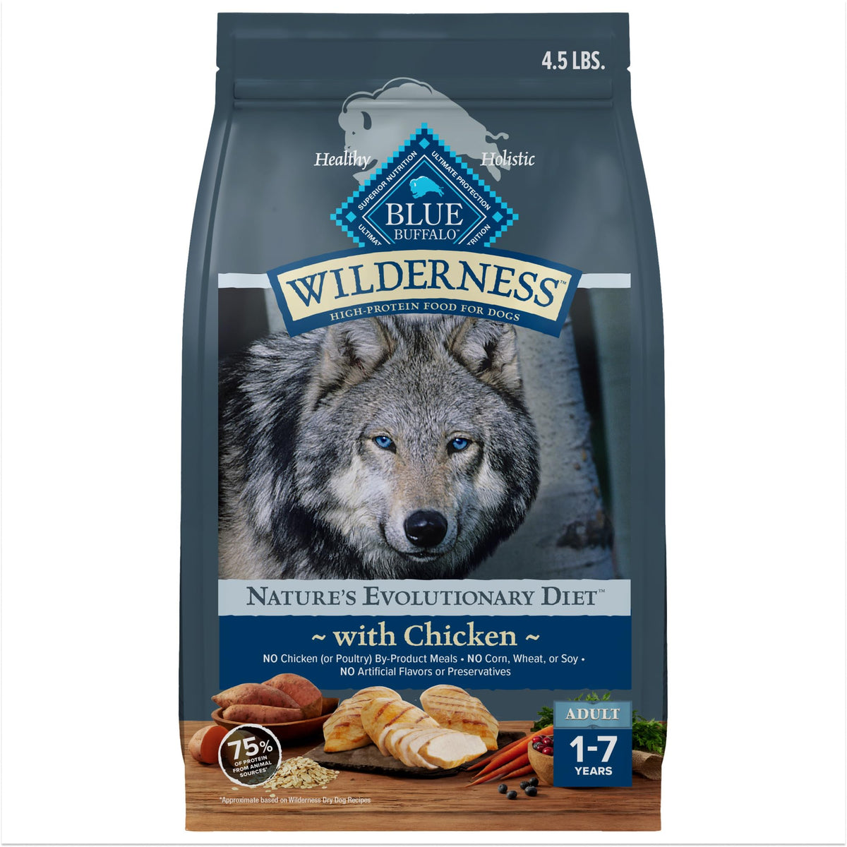Blue Buffalo Wilderness chicken recipe bag front shows real chicken first ingredient.