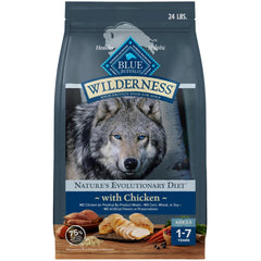 Blue Buffalo Wilderness chicken recipe bag front highlights real protein for adult dogs