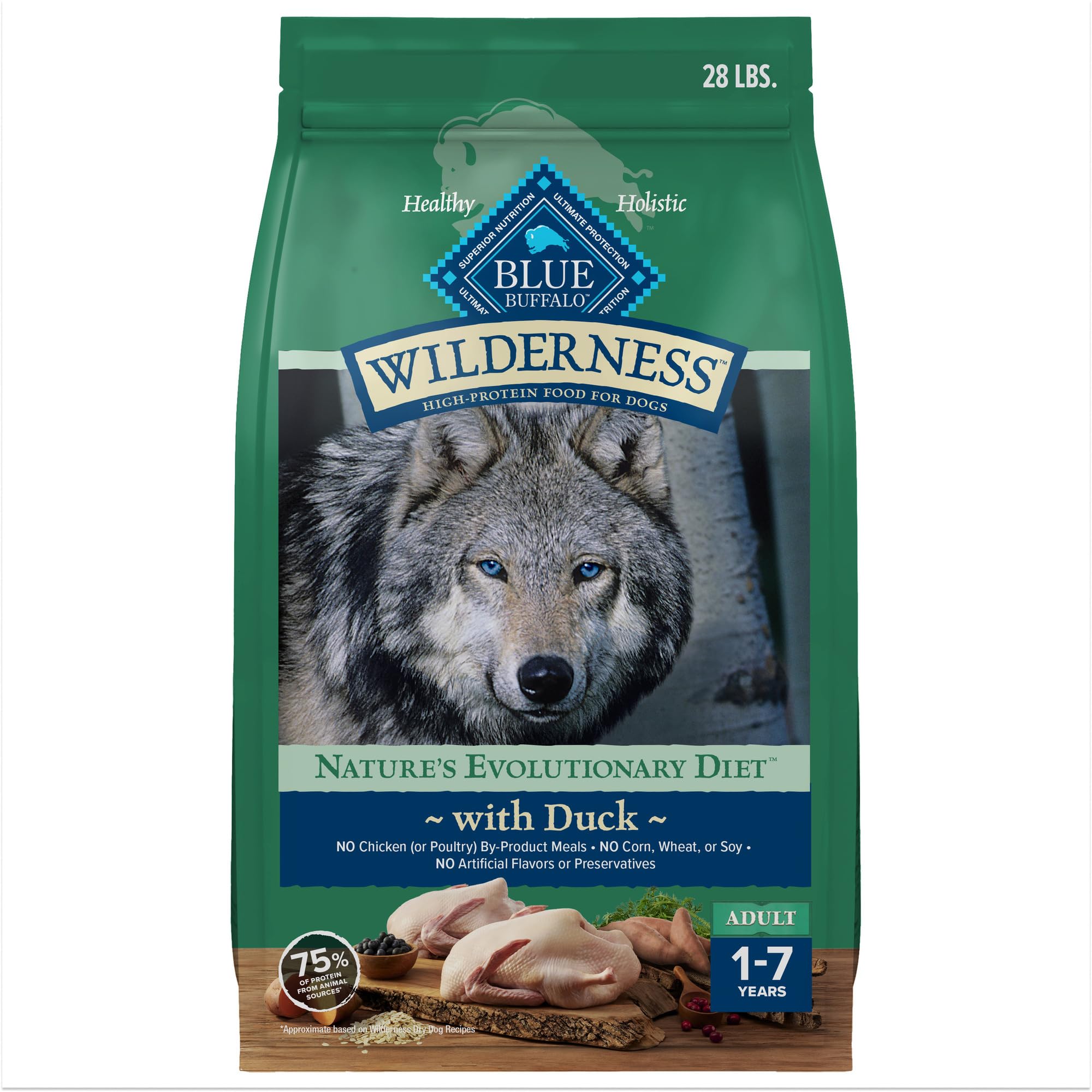 Blue Buffalo Wilderness duck first ingredient displayed in close-up, highlighting real protein