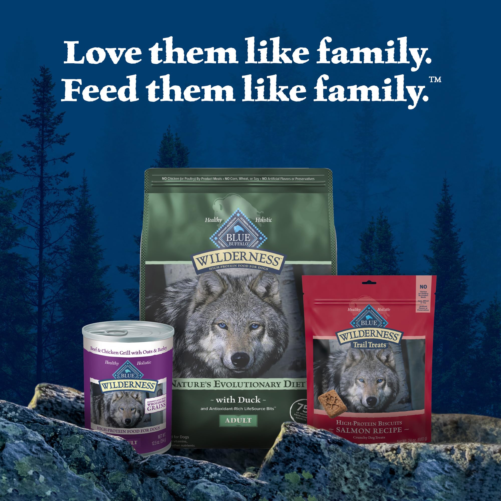 Blue Buffalo Wilderness no corn, wheat, or soy shown on packaging