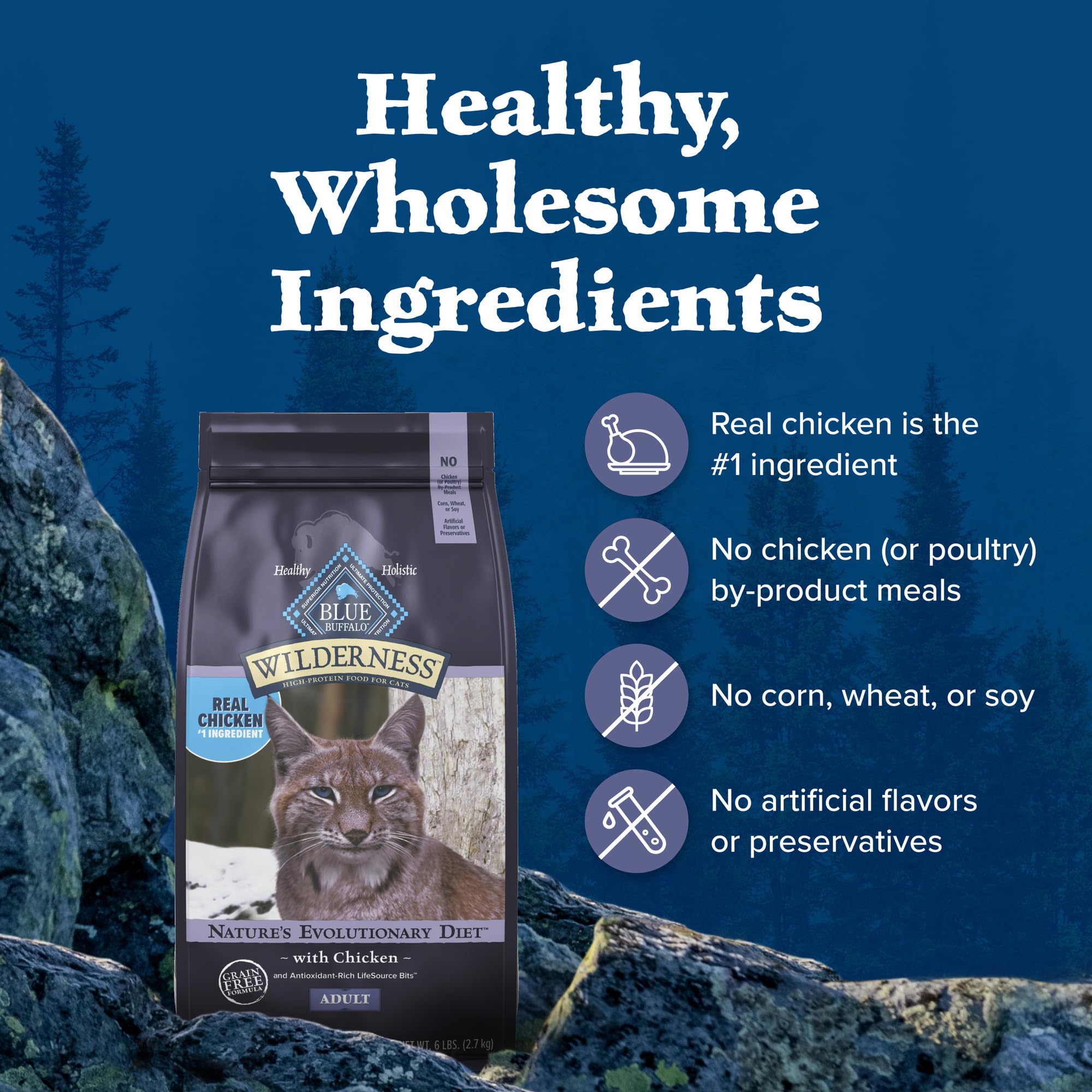 Blue Buffalo Wilderness enhanced packaging imagery highlights ingredients and essential benefits.