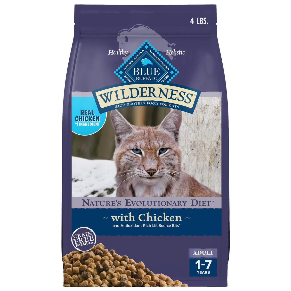 Blue Buffalo Wilderness real chicken first ingredient on bag signals protein-focused cat nutrition
