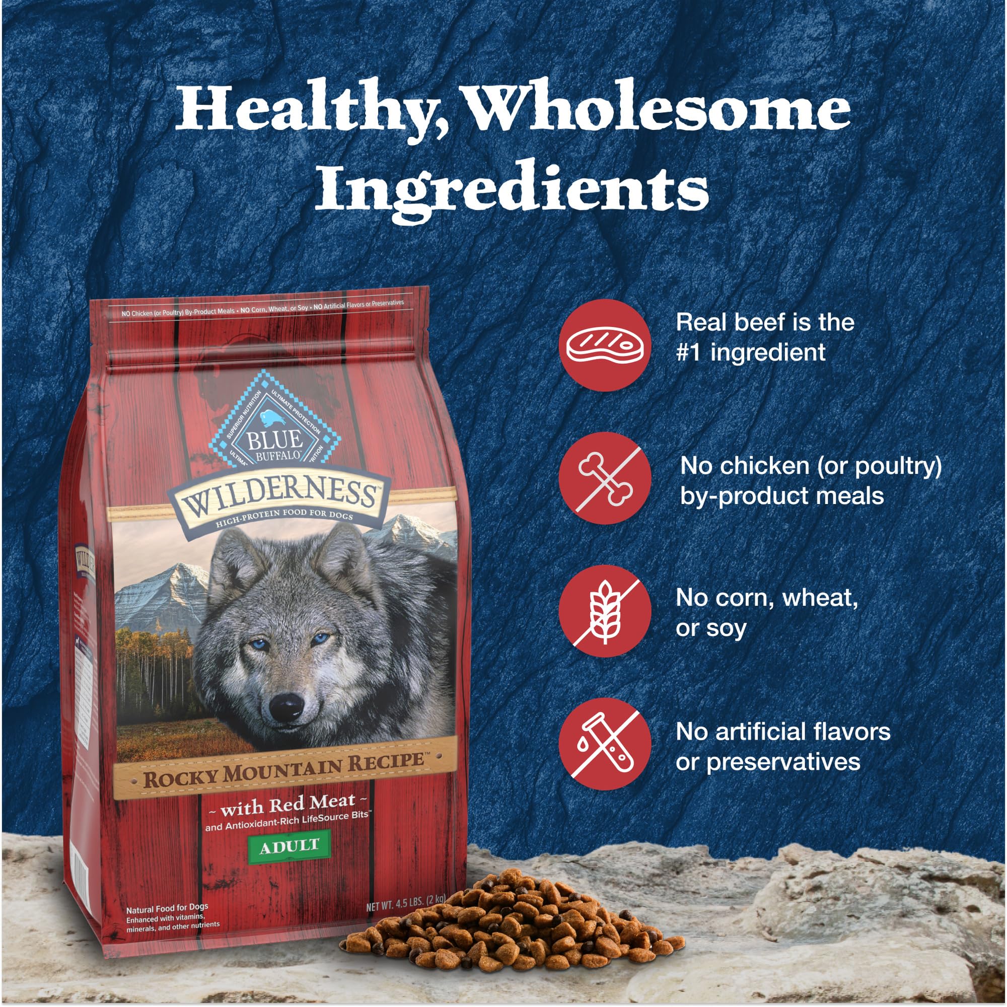 Blue Buffalo Wilderness no chicken-by-product messaging on packaging.