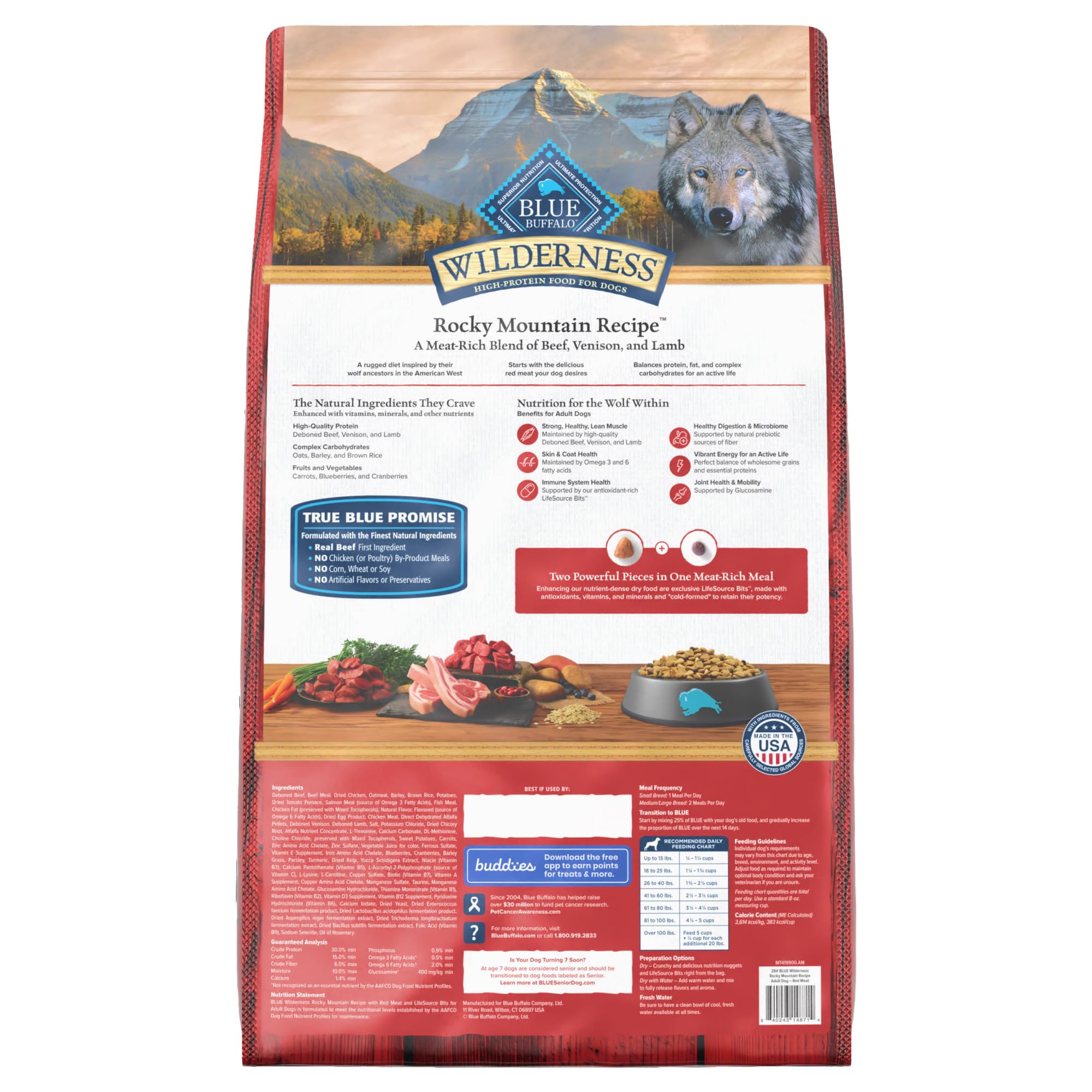 Blue Buffalo Wilderness Rocky Mountain beef-venison-lamb ingredients close-up for flavor