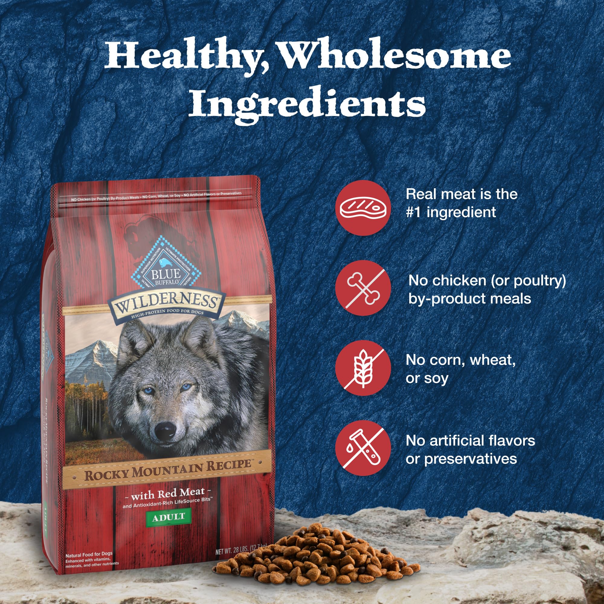 Blue Buffalo Wilderness Rocky Mountain dog at feeding time, active lifestyle potential