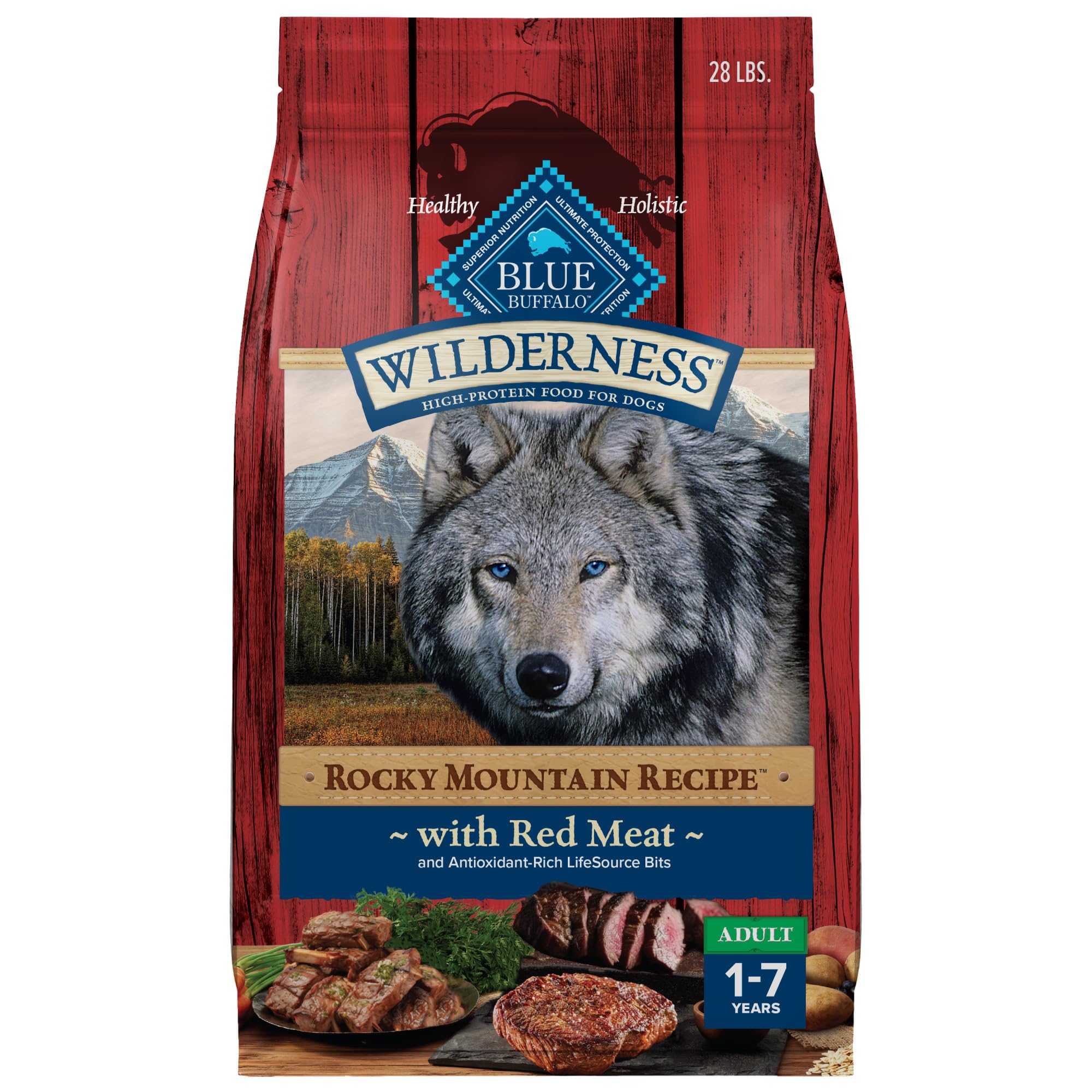 Blue Buffalo Wilderness Rocky Mountain red meat dry dog food bag front showing high-protein formula
