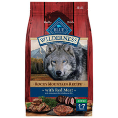Blue Buffalo Wilderness Rocky Mountain red meat dry dog food bag front showing high-protein formula