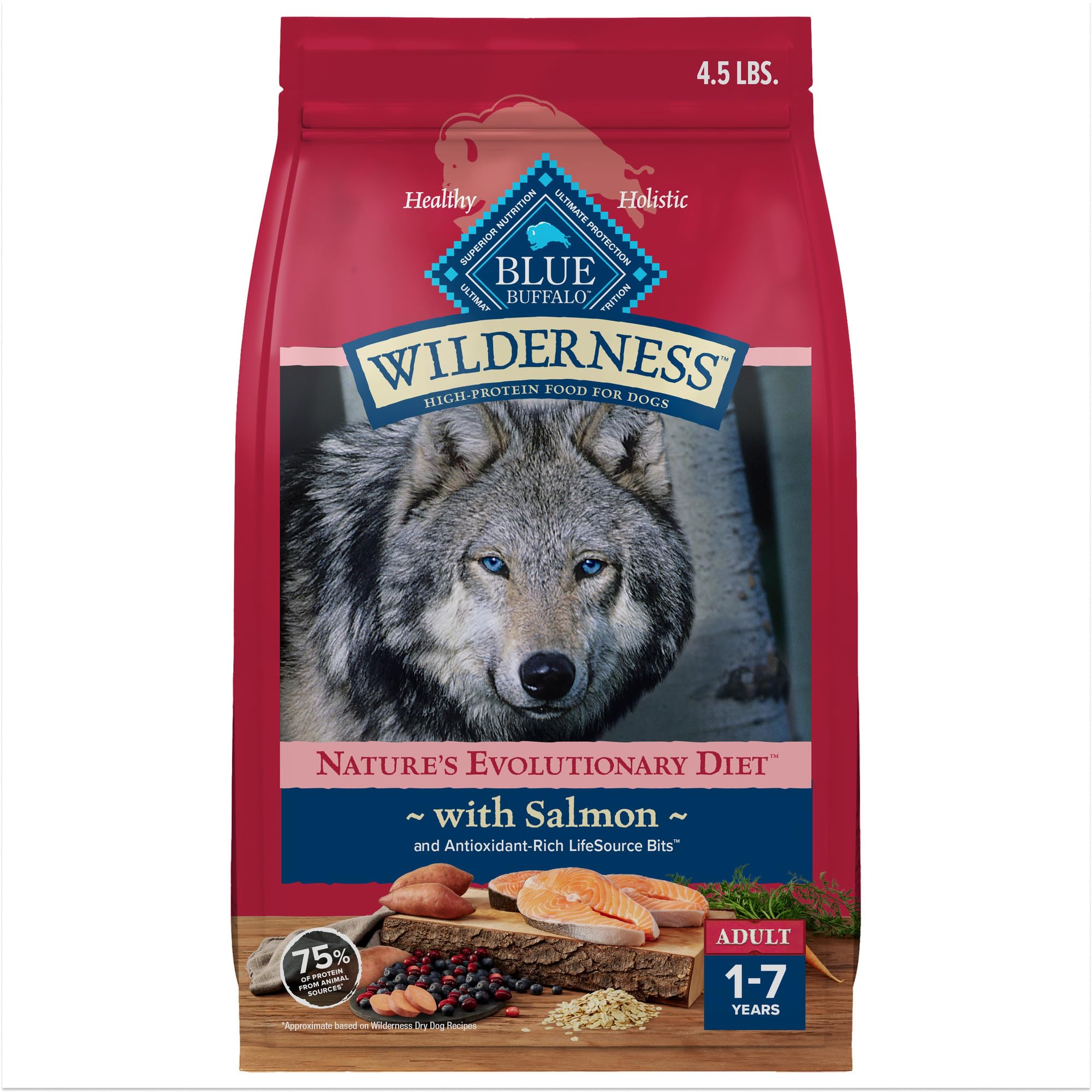 Blue Buffalo Wilderness salmon-first kibble supports lean muscle health.