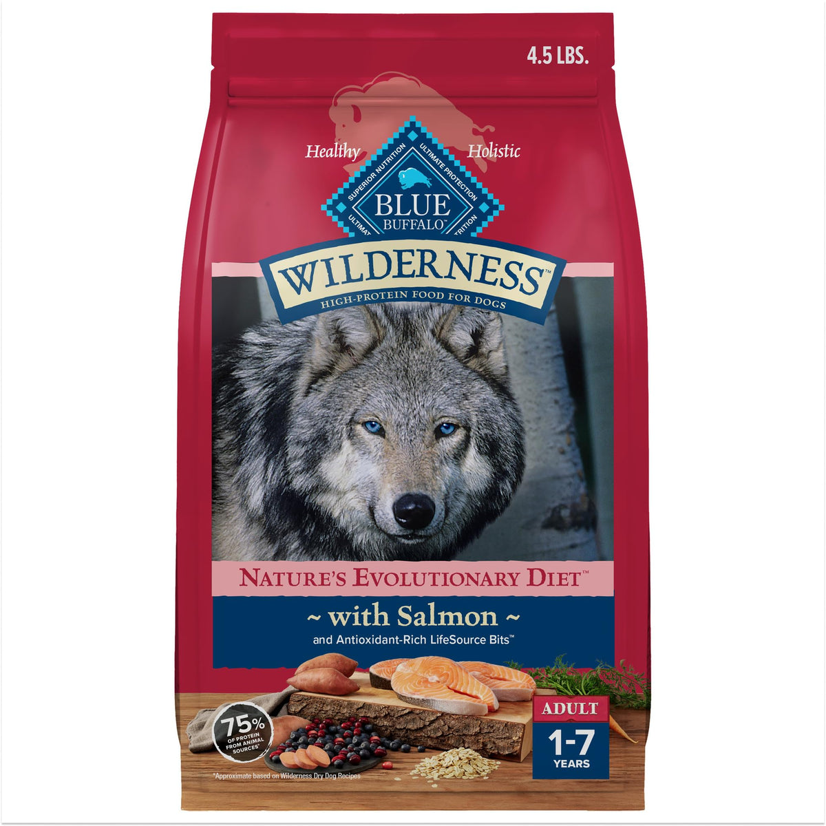 Blue Buffalo Wilderness salmon-first kibble supports lean muscle health.