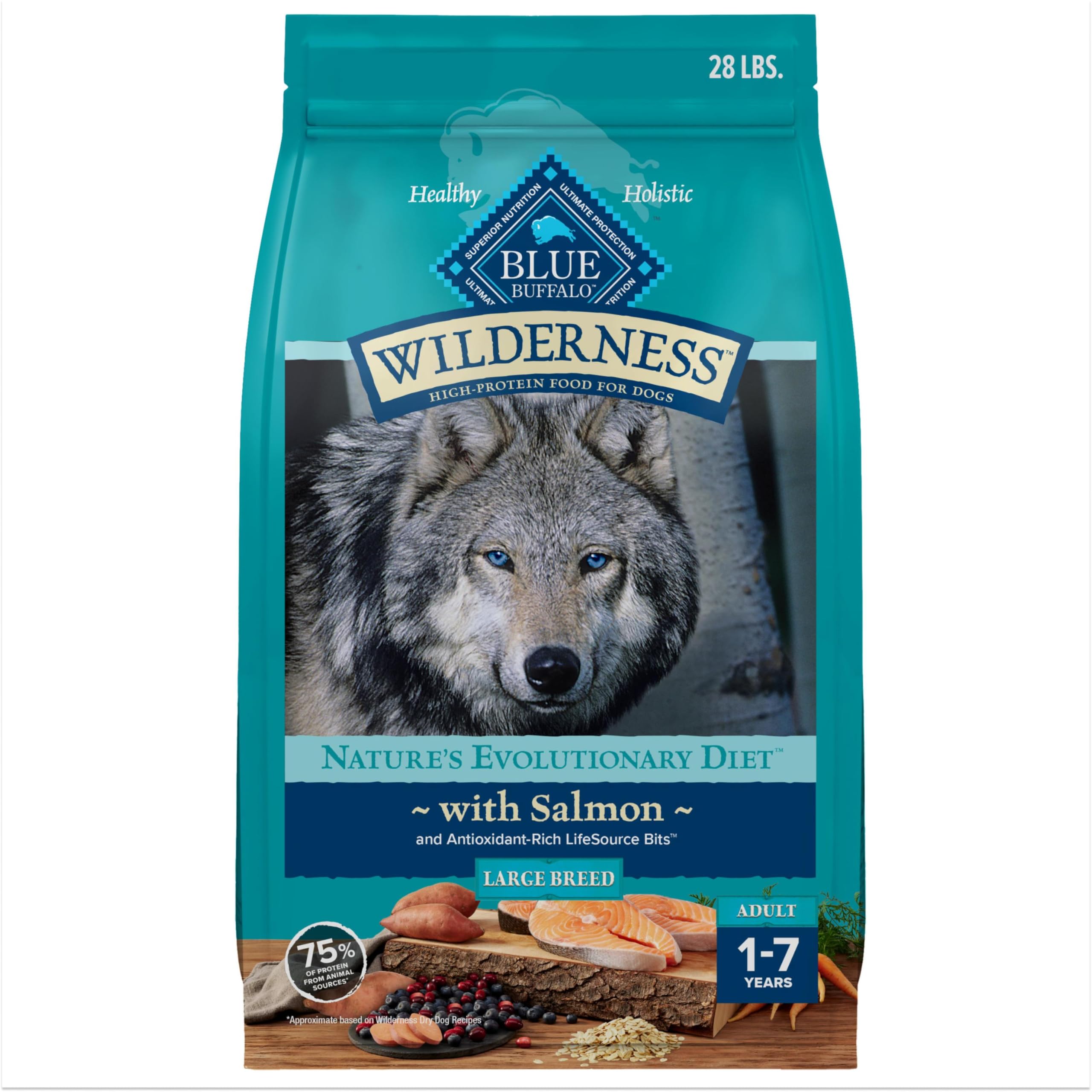 Blue Buffalo Wilderness Salmon First Ingredient helps maintain lean muscle in adult dogs.