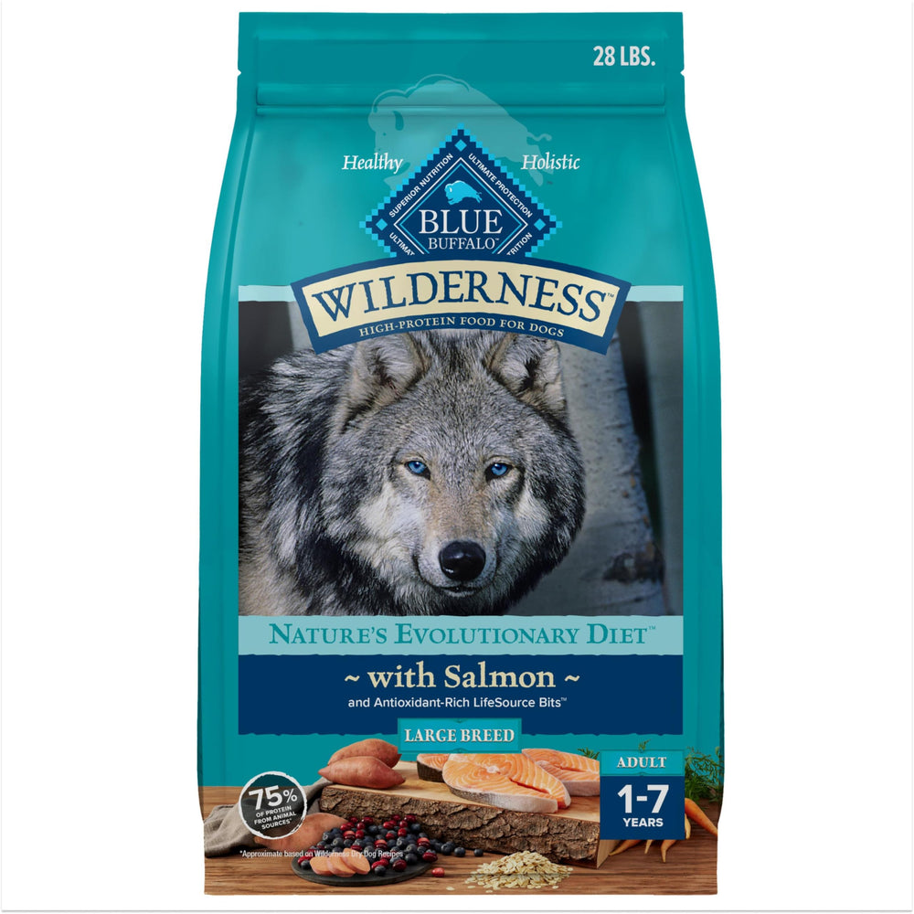 Blue Buffalo Wilderness Salmon First Ingredient helps maintain lean muscle in adult dogs.
