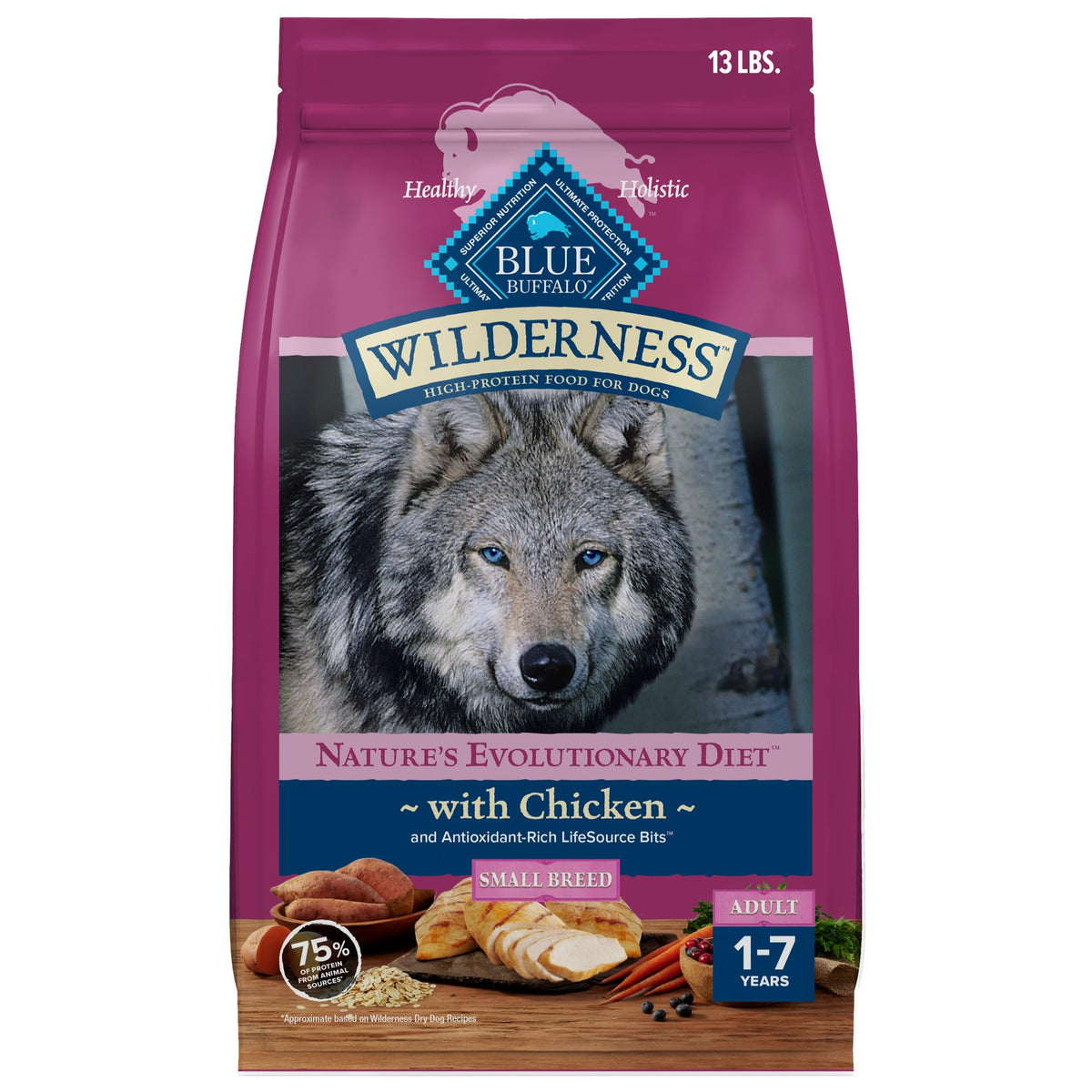 Blue Buffalo Wilderness Small Breed Chicken Recipe bag front with real chicken imagery