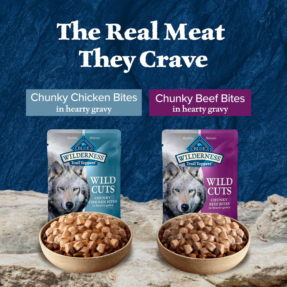 Blue Buffalo Wilderness Trail Toppers ingredients graphic – natural, grain-free recipe focus.
