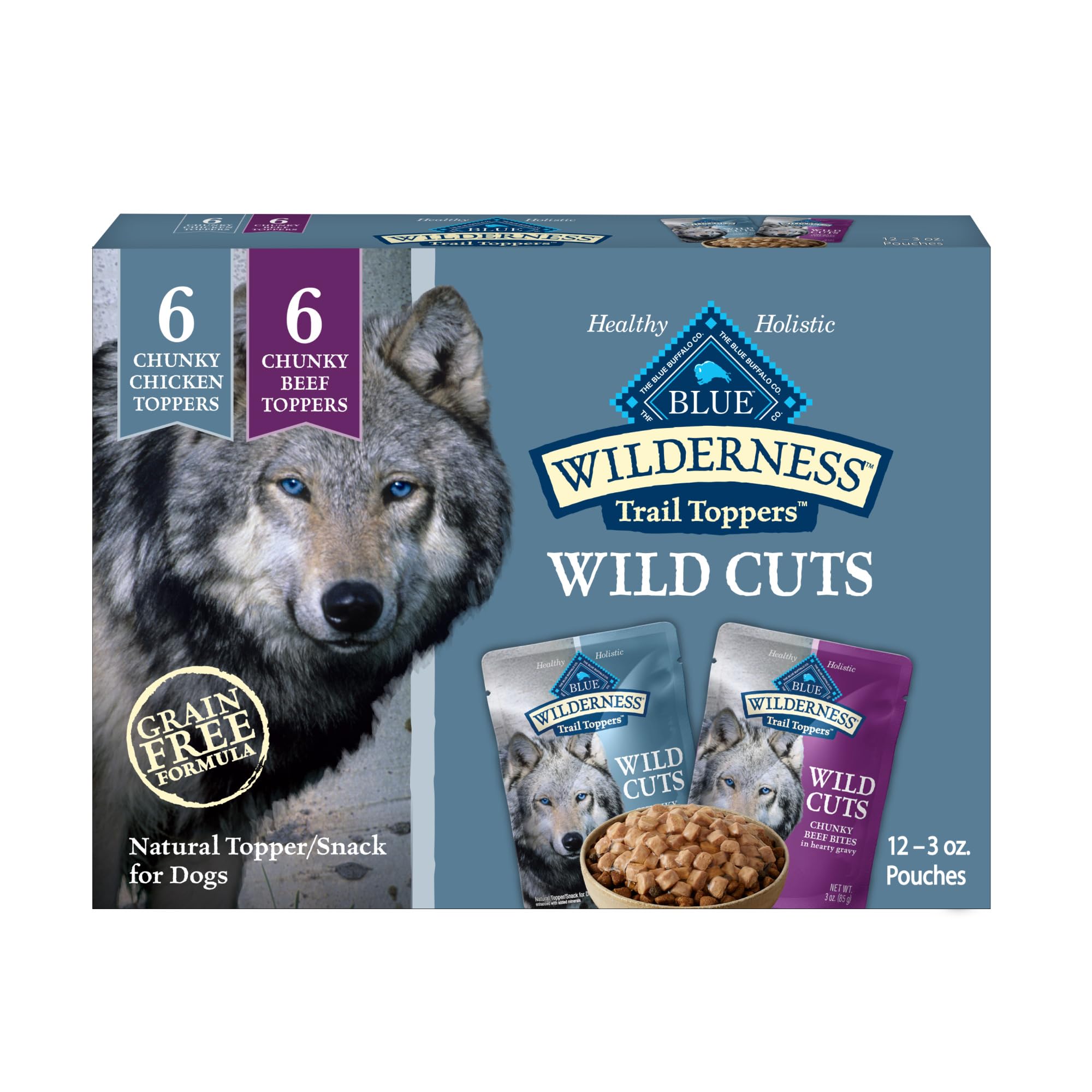 Blue Buffalo Wilderness Trail Toppers chicken bites 3oz pouch – high-protein flavor boost for active dogs.