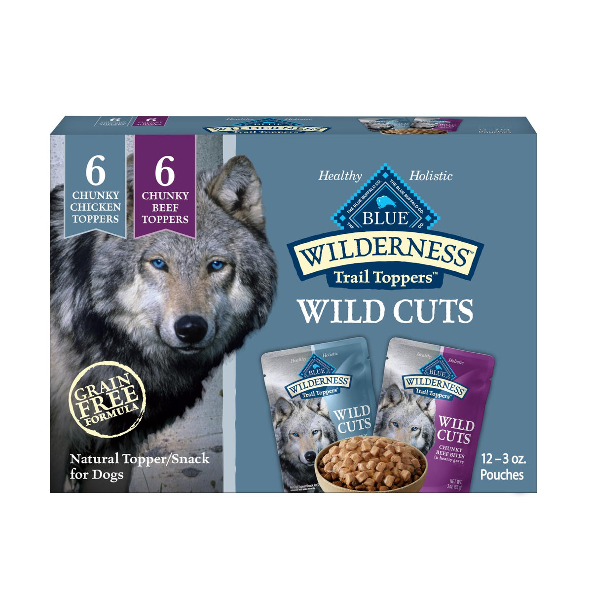 Blue Buffalo Wilderness Trail Toppers chicken bites 3oz pouch – high-protein flavor boost for active dogs.