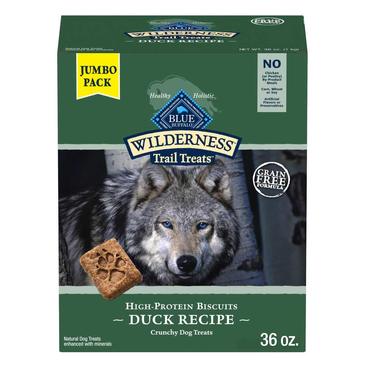 Blue Buffalo Wilderness Trail Treats packaging highlights real duck-first formula for protein-forward snacking.