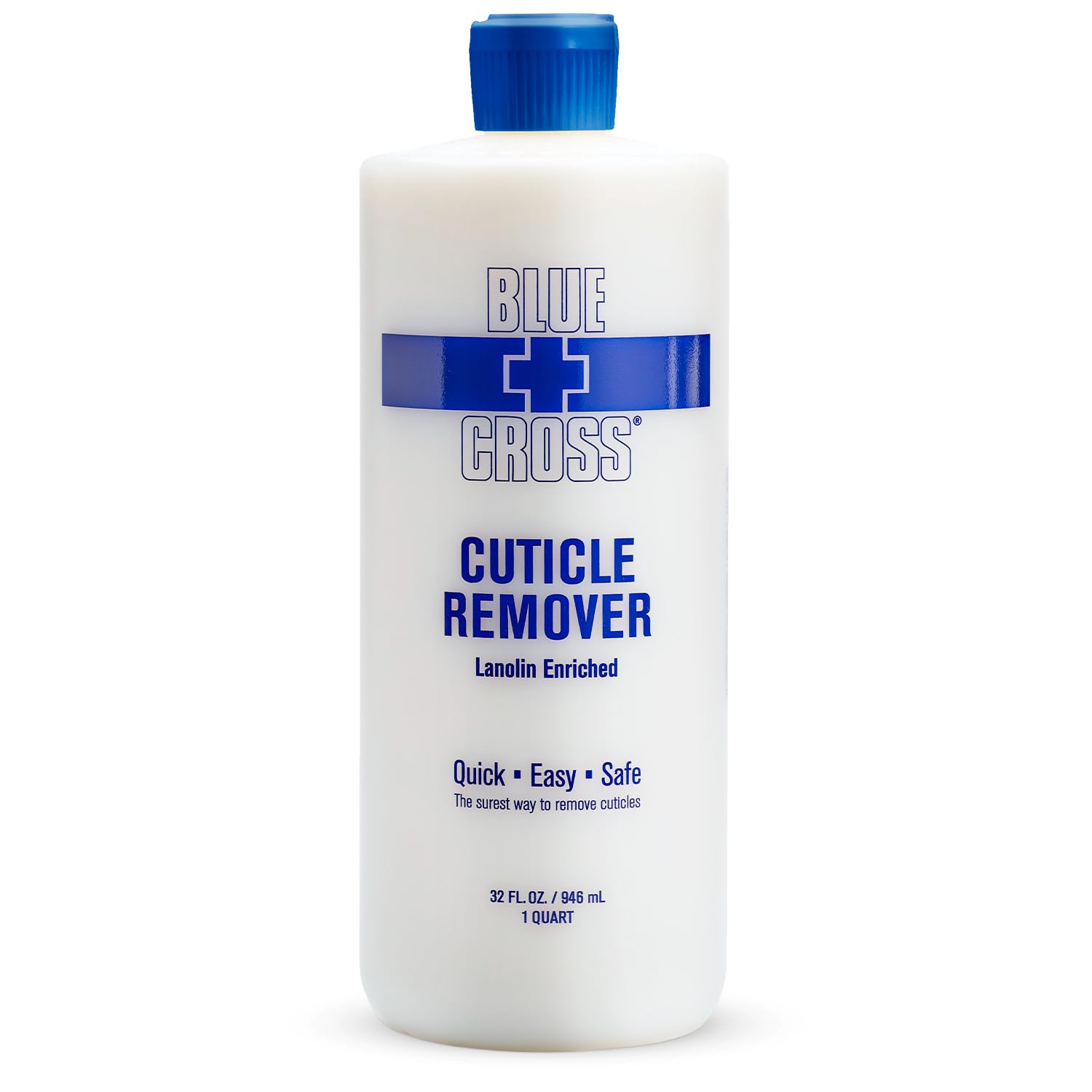 Blue Cross cuticle remover bottle close-up showing milky liquid formula for efficient cuticle softening