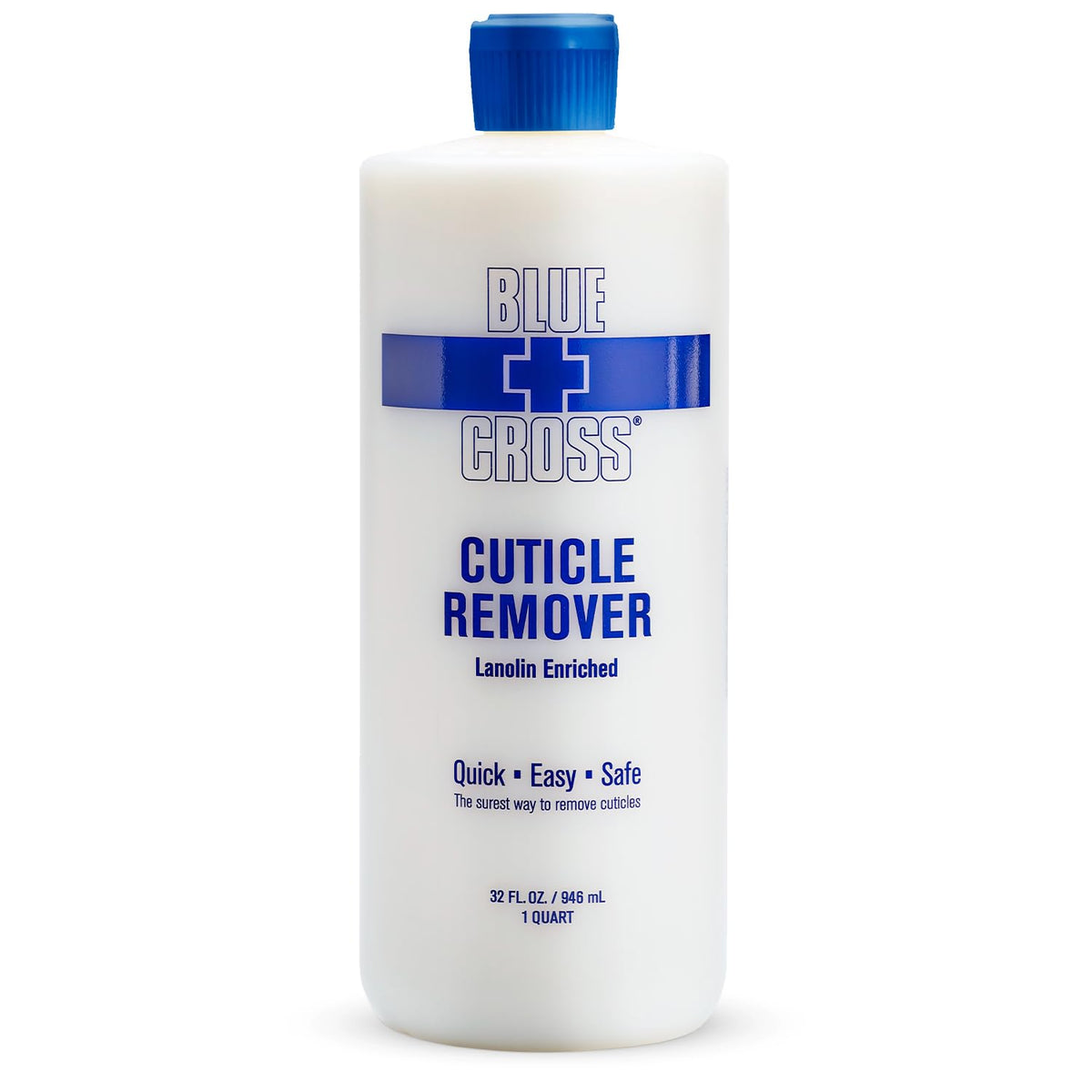 Blue Cross cuticle remover bottle close-up showing milky liquid formula for efficient cuticle softening