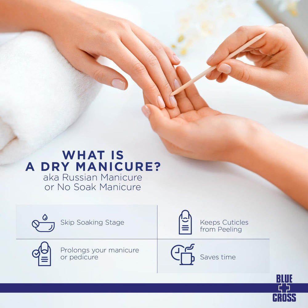 Blue Cross cuticle remover enriched with lanolin for nourished nail beds.