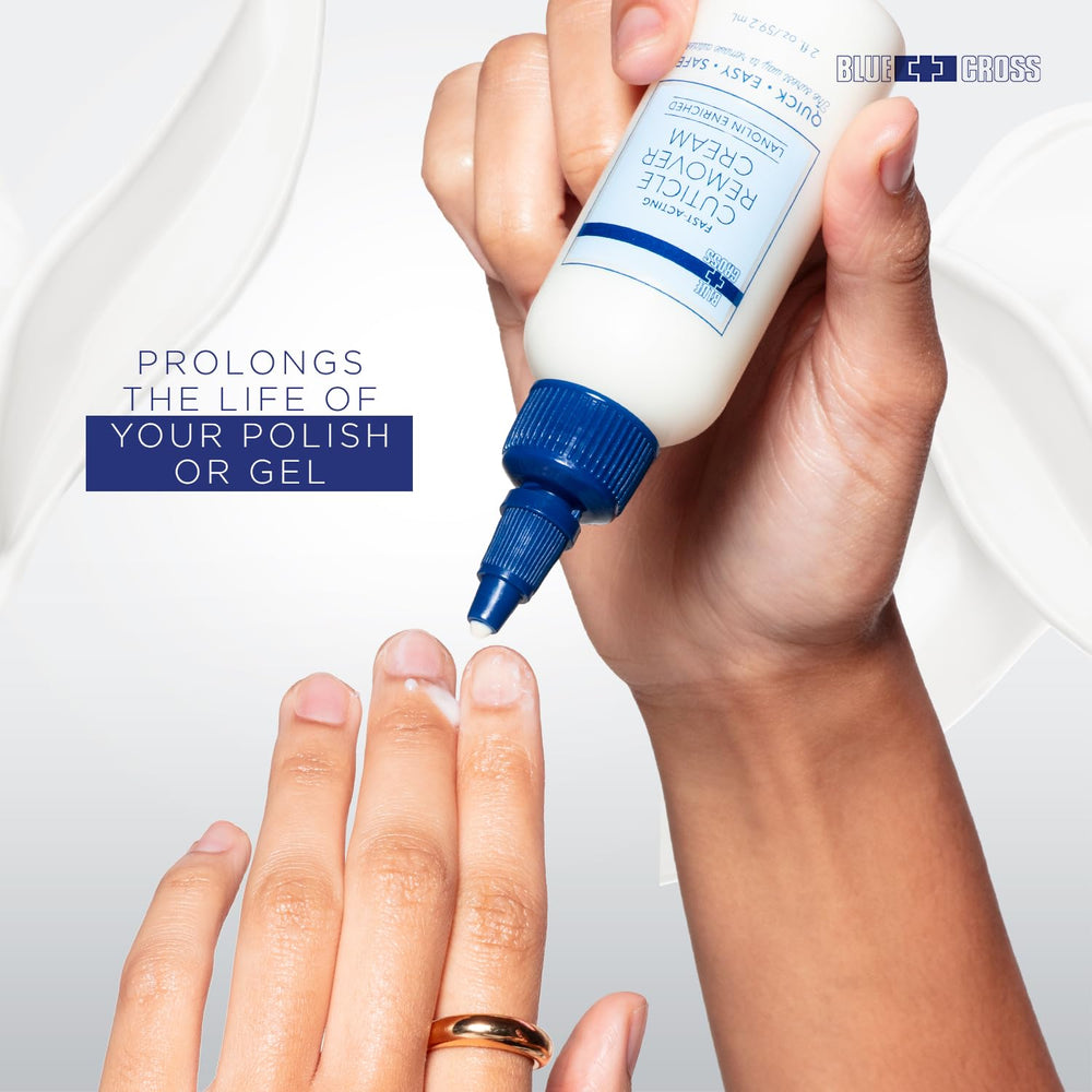 Blue Cross cuticle remover close-up showing before and after smoother nails.