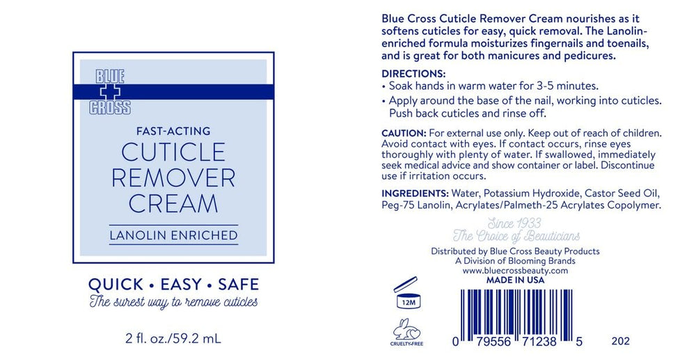 Blue Cross cuticle remover packaging with Made in USA badge.