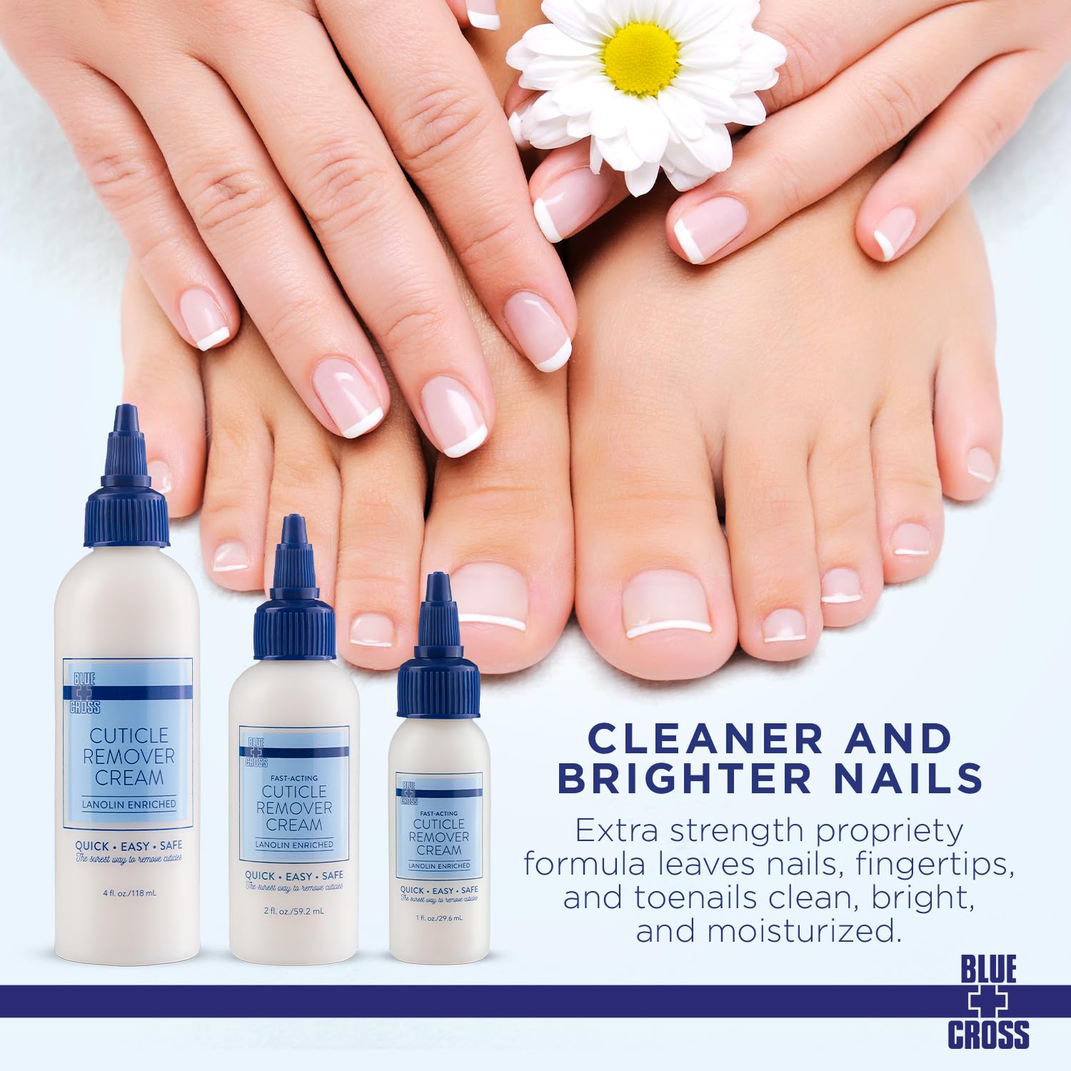 Blue Cross cuticle remover with precision applicator enables easy targeted care.