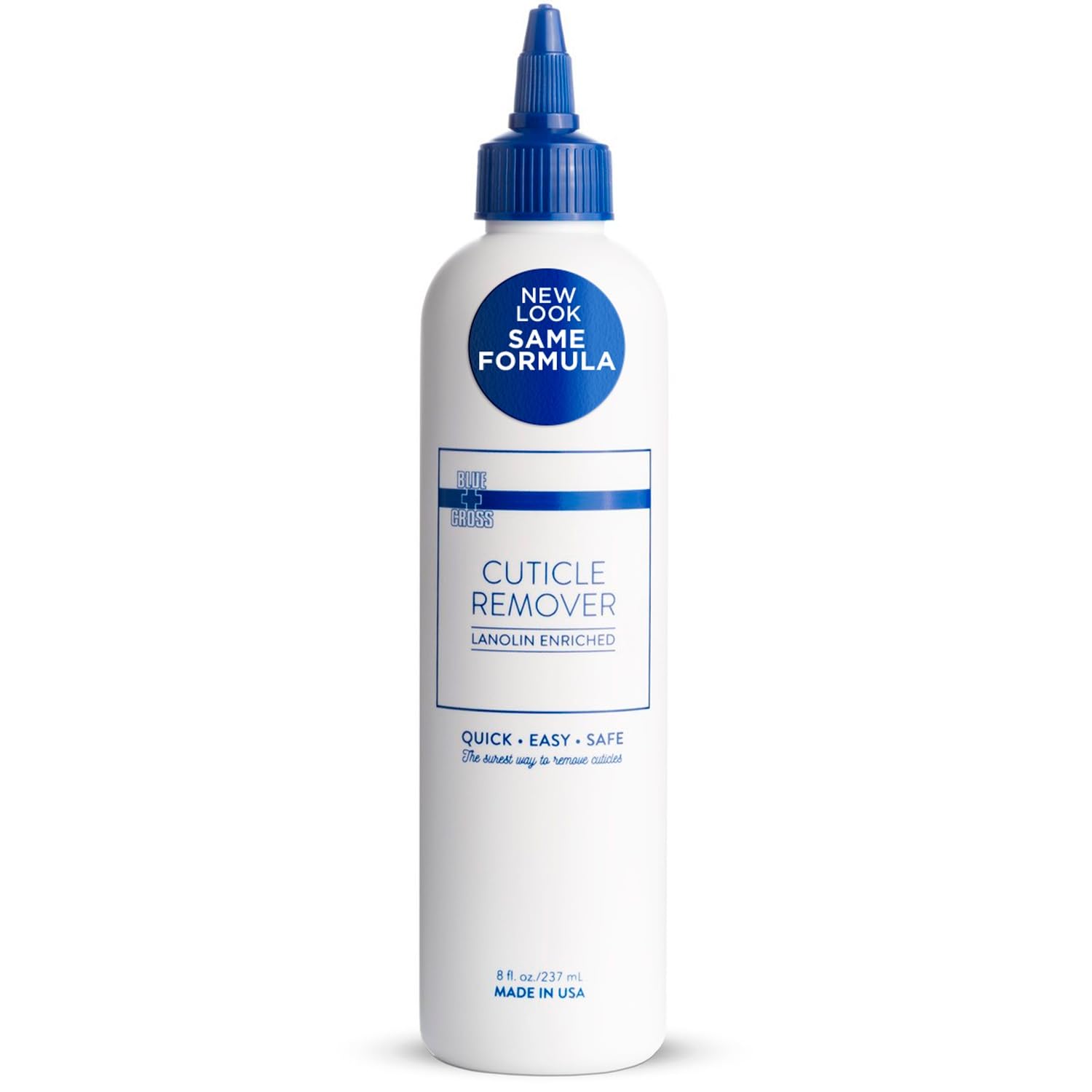 Blue Cross Cuticle Remover bottle 8oz demonstrating professional hydration for nails.